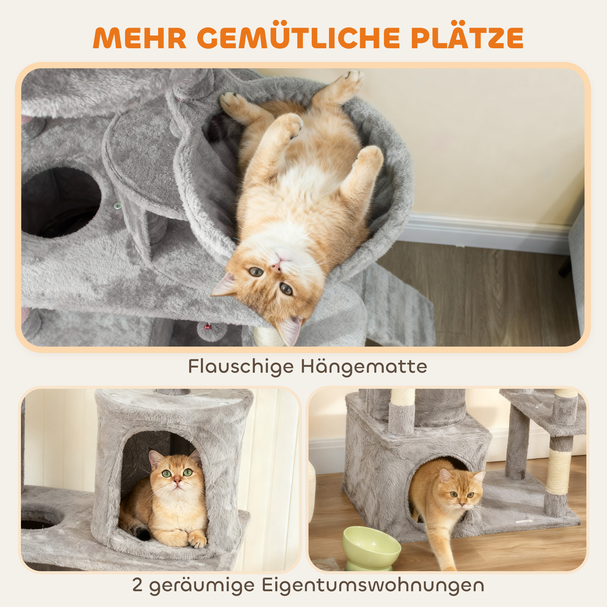 Katzenkratzbaum, 170 cm, Tunnel, Höhlen, große Basis, Sisalpfosten, Hellgrau