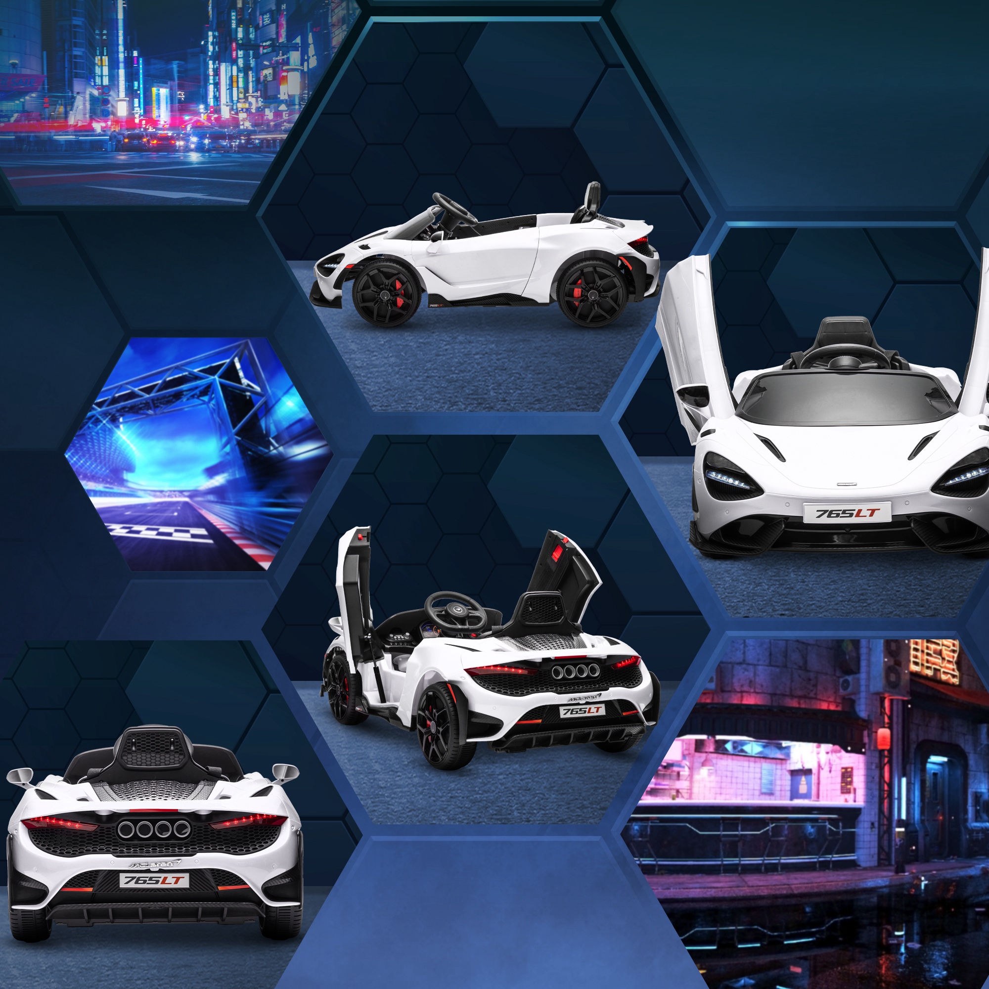 Kinder-Elektroauto mit Flügeltüren, fernsteuerbar, mit sanftem Antrieb und LED-Lichtern, Weiß