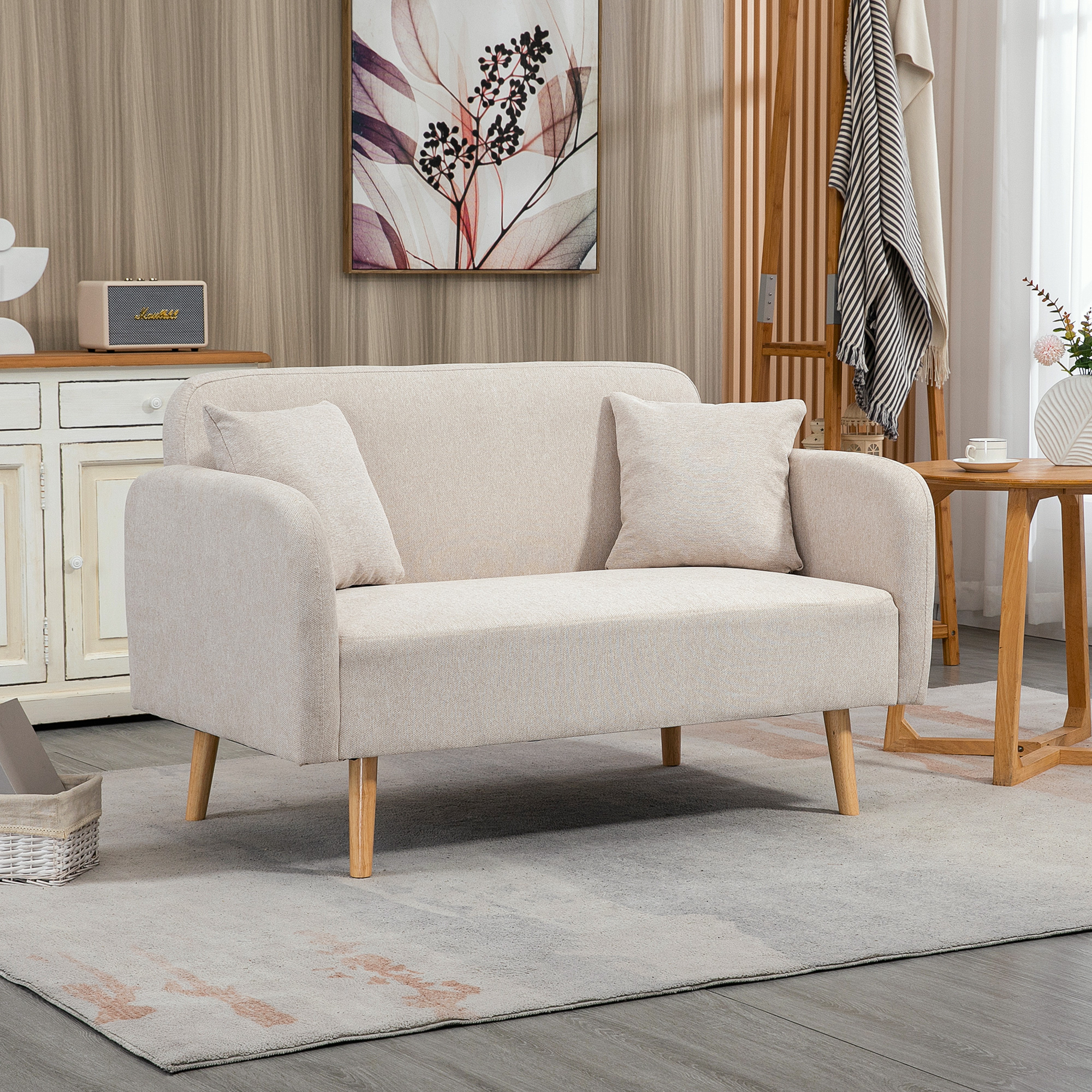 2er-Sofa Sofa Couch, Modern-Design, inkl. 2 Kissen, Holzbeine, 130 x 70 x 80 cm, Creme