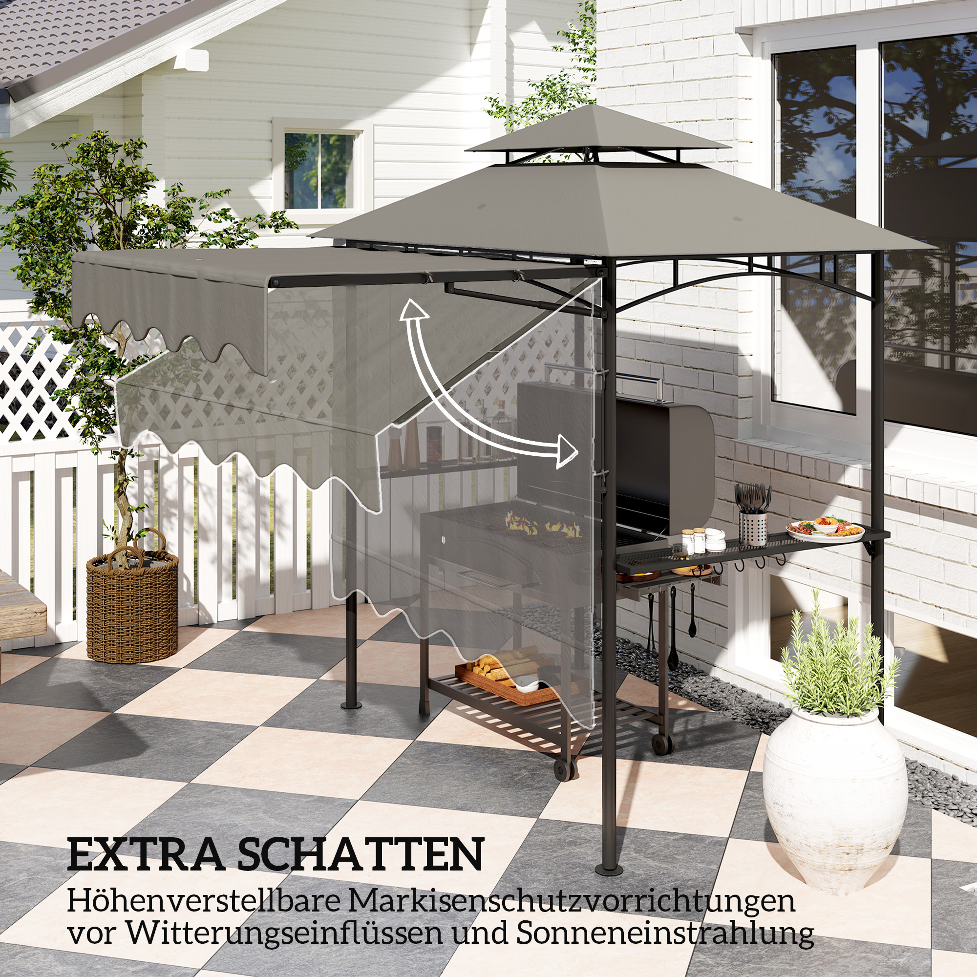 Grillpavillon 242x232x248 cm wasserabweisend flammhemmend Gartenpavillon mit Doppelschichtdach Grau