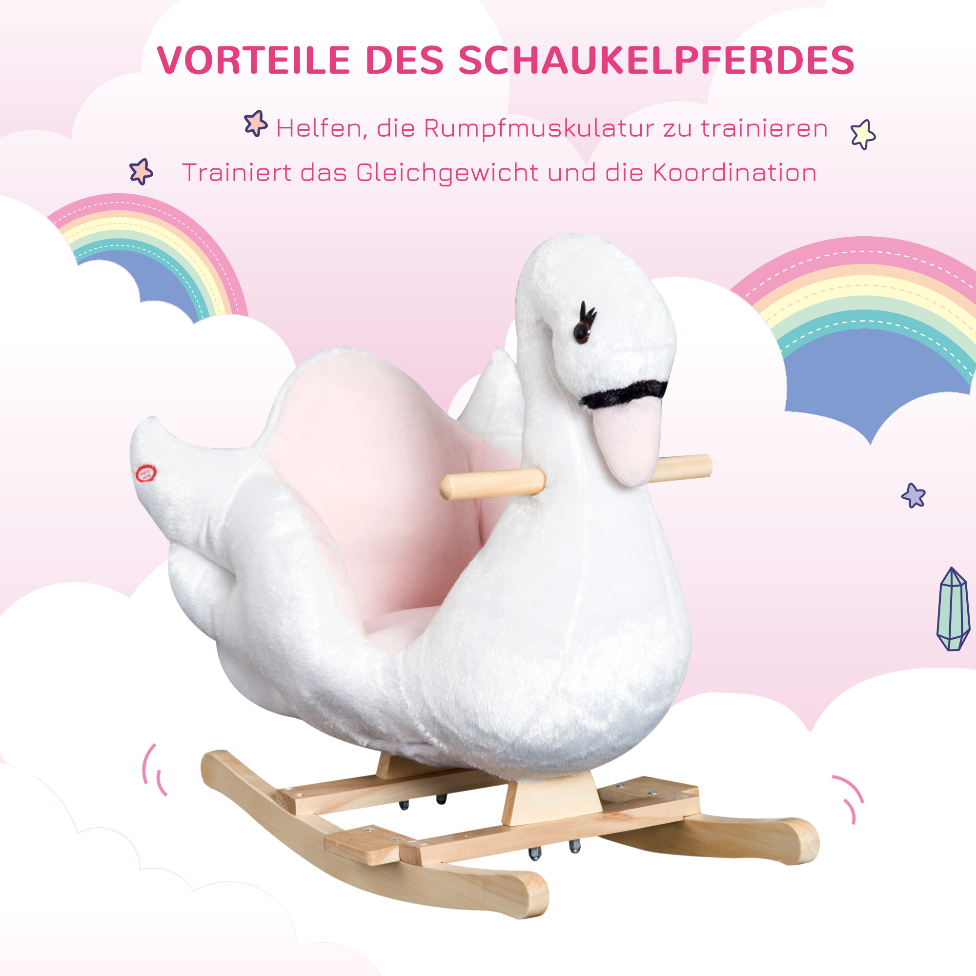 Schaukeltier Schaukelpferd mit Sicherheitsgurt Musik, 55 cm Baby Schaukel aus weichem Plüsch Schaukelspielzeug Spielzeug Wippe für Baby Kinder Kleinkinder ab 18 Monate Holz
