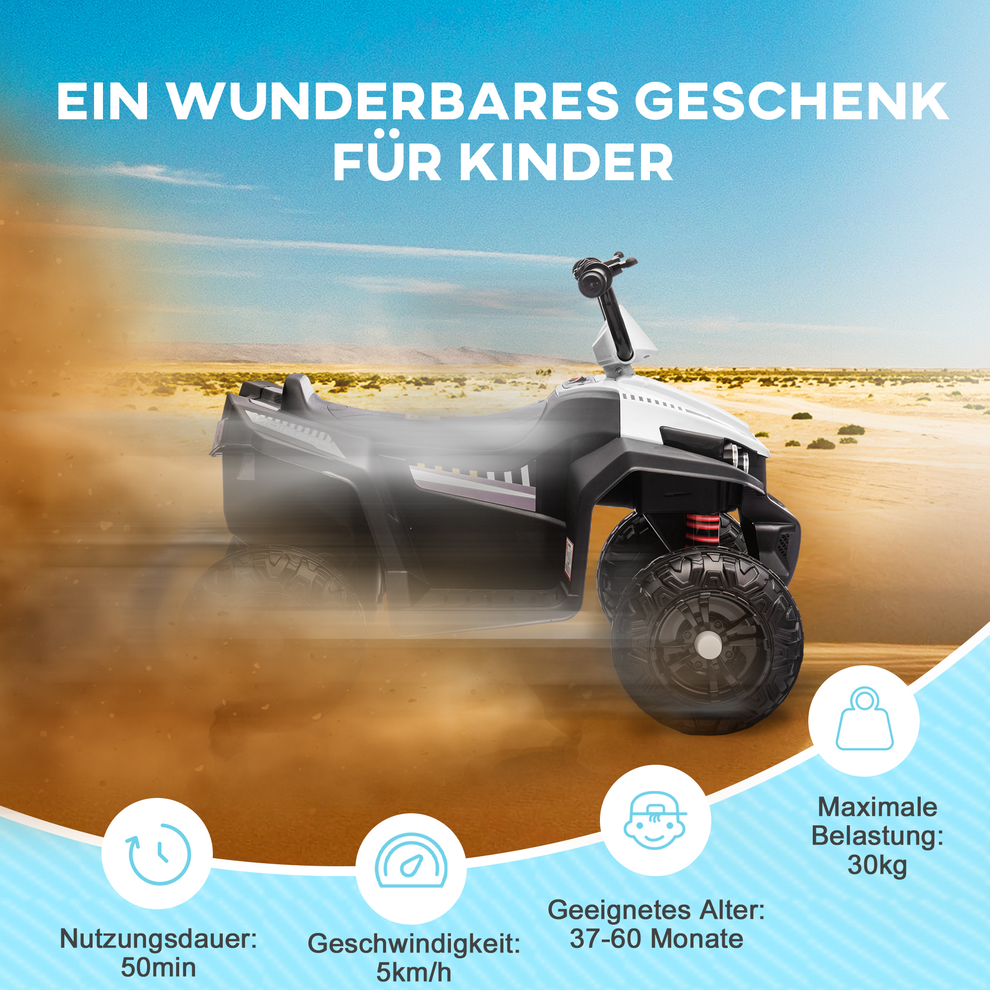 Elektro-Kinderquad, Licht & Musik, Federung, 5 km/h, 50 Min, Fahrzeit, für 3-5 Jahre, Weiß