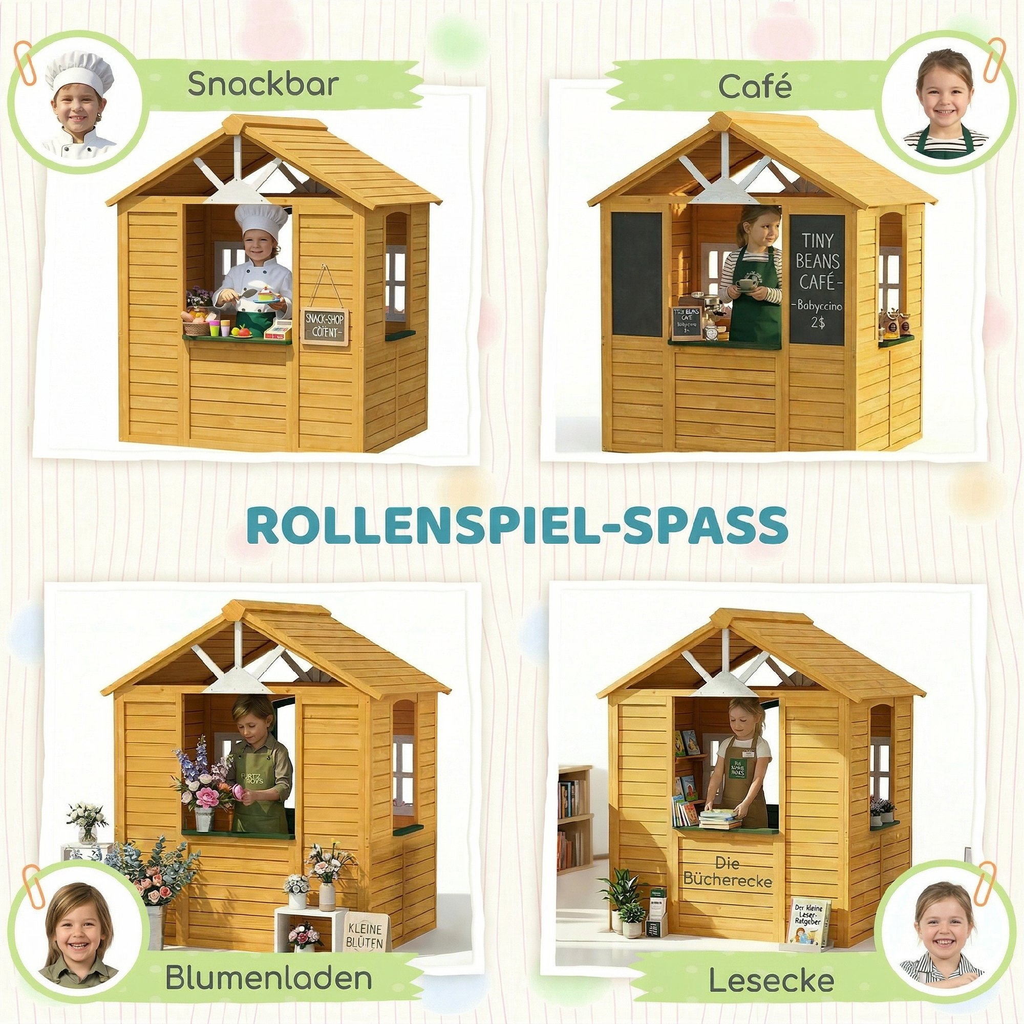 Kinderspielhaus Holz Spielhaus Outdoor mit Tür 3 Fenster 2 Blumenkästen für 3-8 Jahre Kinder 134,5 x 97 x 150 cm Braun