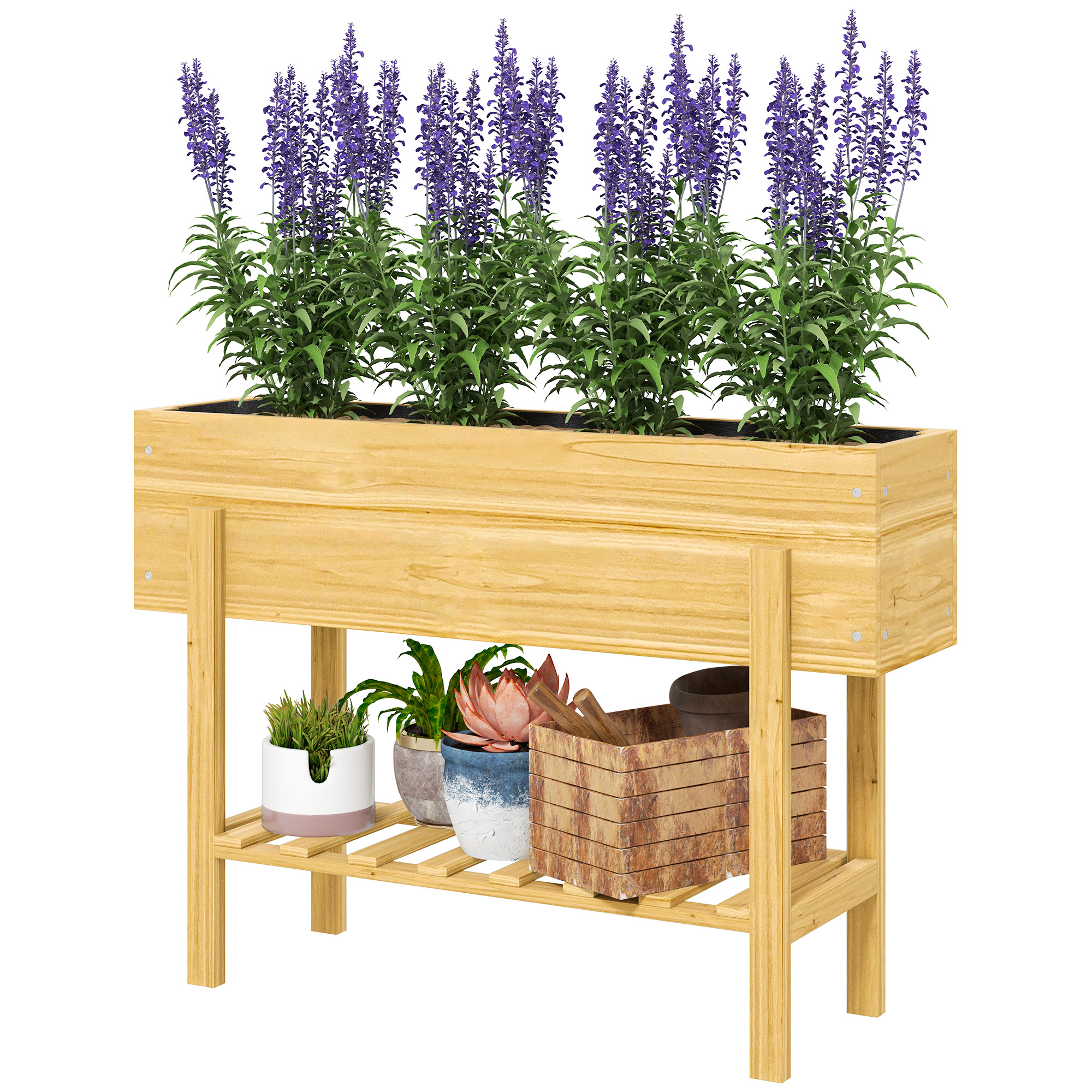 Blumenkasten mit unterem Regal, Holzbeet mit Vlies-Auskleidung und Entwässerungslöchern, 100 x 30 x 70,5 cm, Naturholz Blumenkasten mit unterem Regal, Holzbeet mit Vlies-Auskleidung und Entwässerungslöchern, 100 x 30 x 70,5 cm, Naturholz