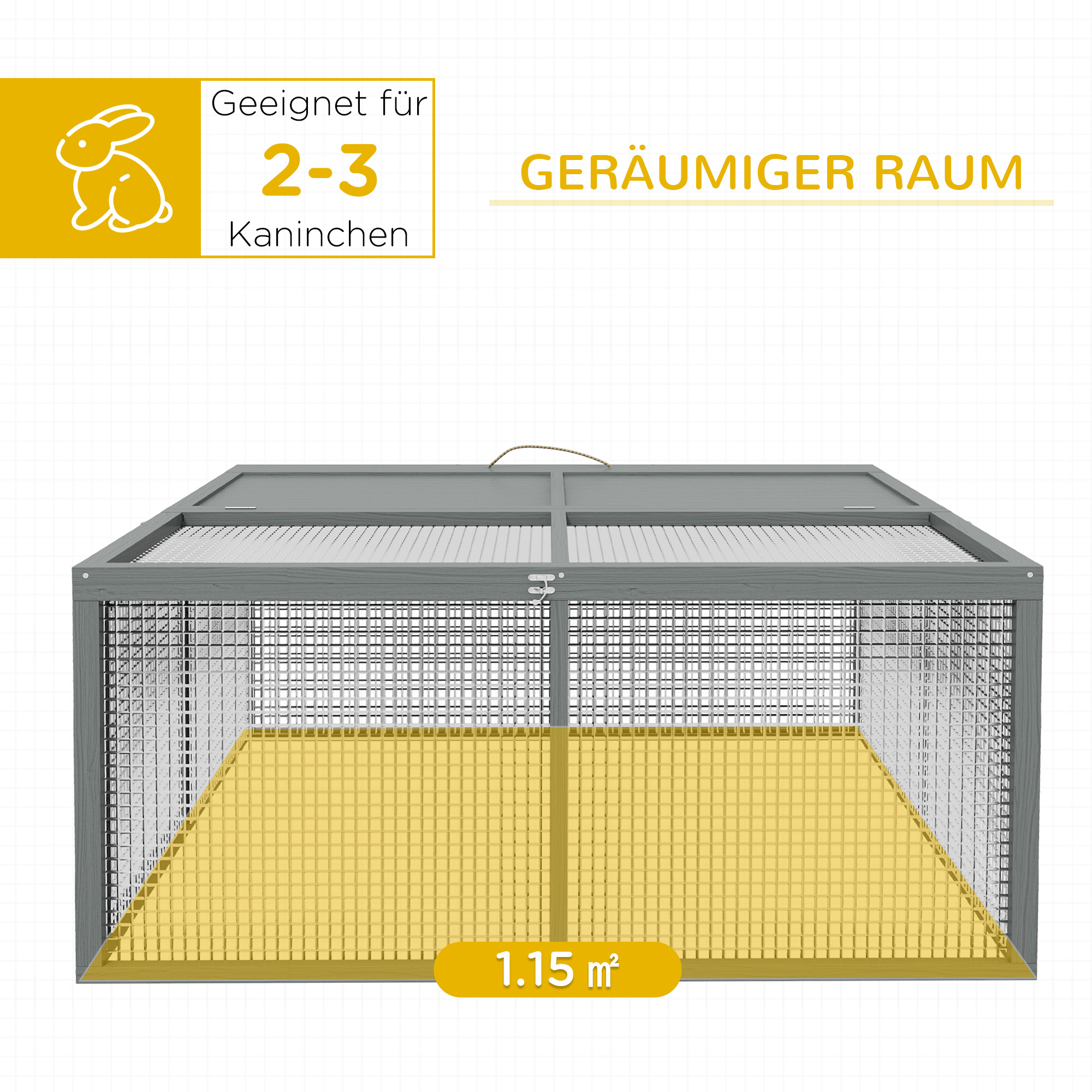 Kleintierkäfig, Kaninchenstall, aufklappbares Dach, Tannenholz, 110 x 105 x 50 cm, Grau