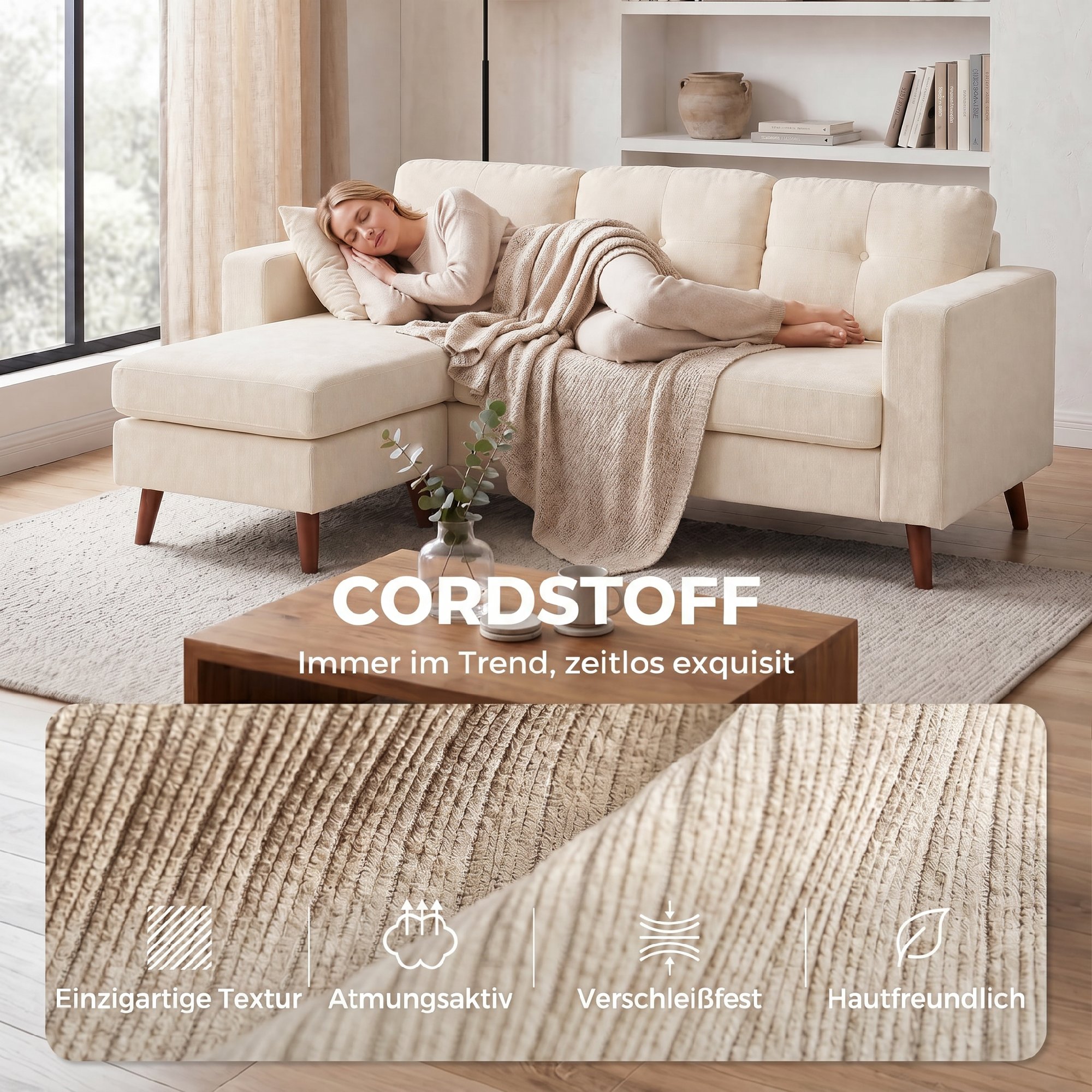 Ecksofa 192 cm L-Form 3-Sitzer Sofa mit umkehrbarer Chaiselongue, Cord-Optik, für kleinen Raum, Cremeweiß
