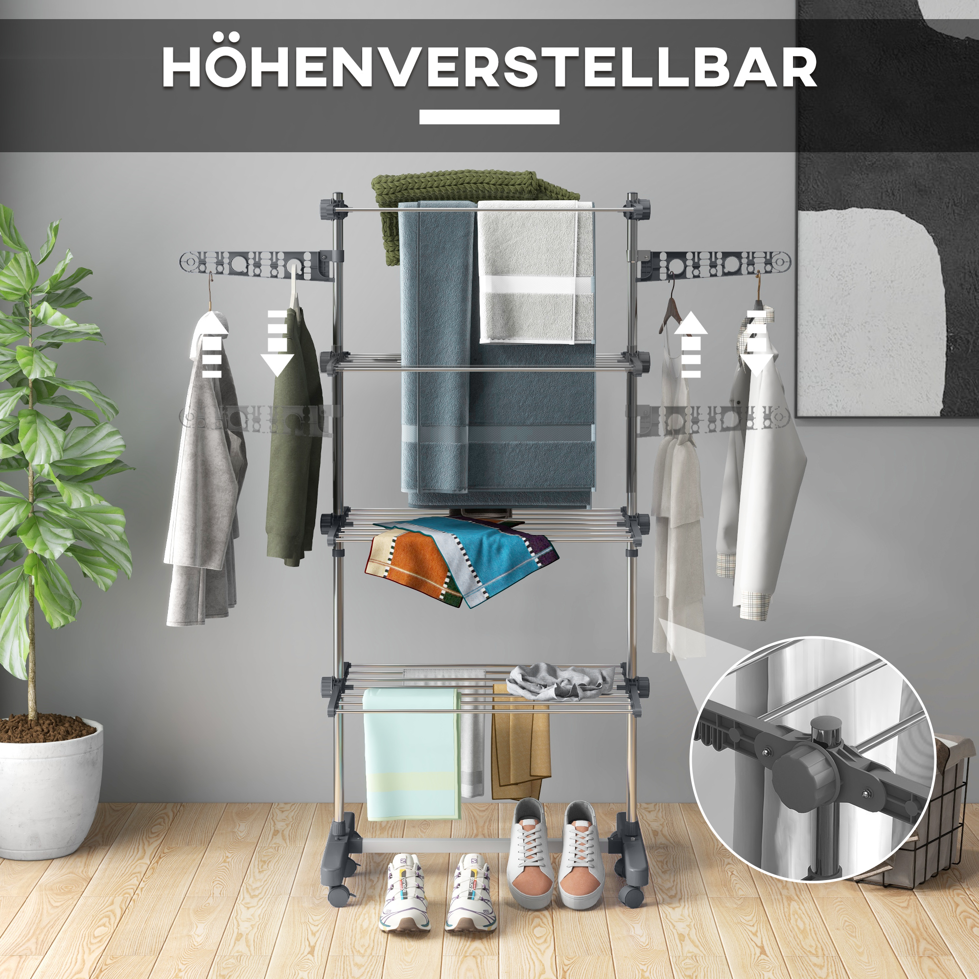 Wäschenständer Wäschetrockner 5 Ebenen, klappbar, One-Klick-System, 142 cm x 55 cm x1 72 cm, Grau + Silber