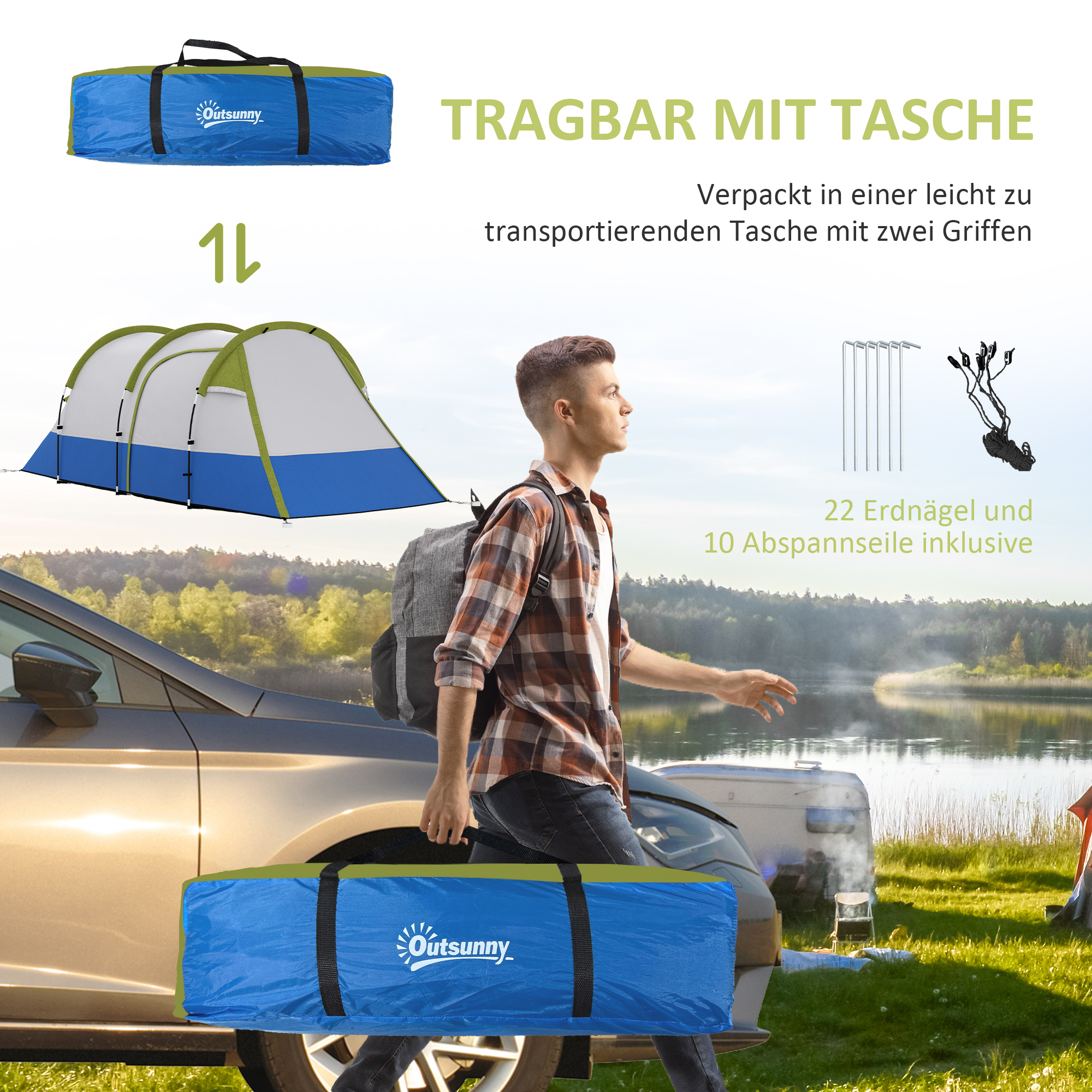 Campingzelt, für 3 Personen, Laternenhaken, drei Eingänge, wasserdicht, Grün