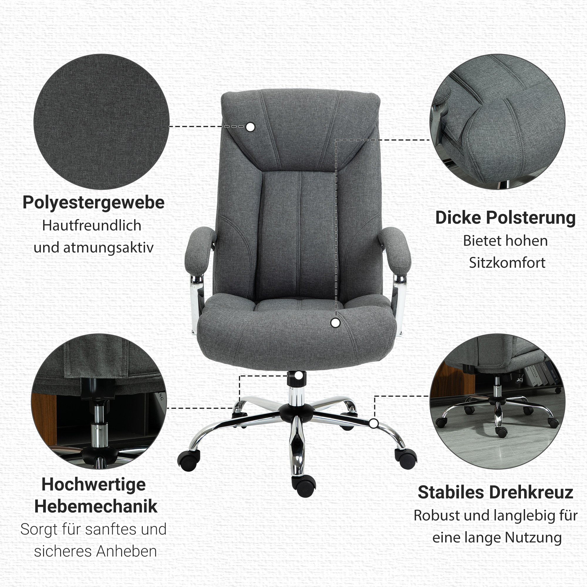 Bürostuhl mit Wippfunktion ergonomischer Stuhl mit gepolsterte Armlehne Kopfstütze höhenverstellbarer Schreibtischstuhl Drehstuhl mit Rückenlehne Nylon Grau 65 x 78 x 110-118 cm