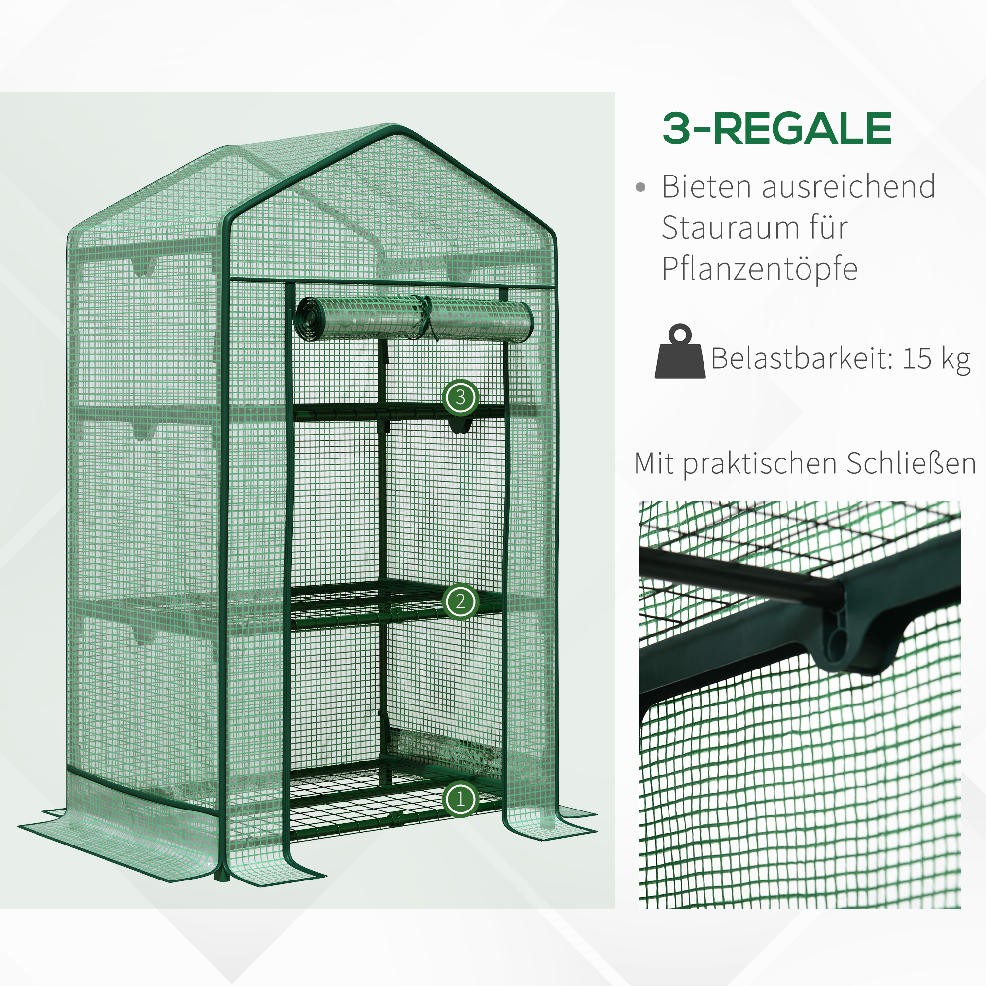 Mini-Gewächshaus Anzuchtgewächshaus mit Folienabdeckung und 3 Regalböden Regale Rolltür Gemüsebeet
