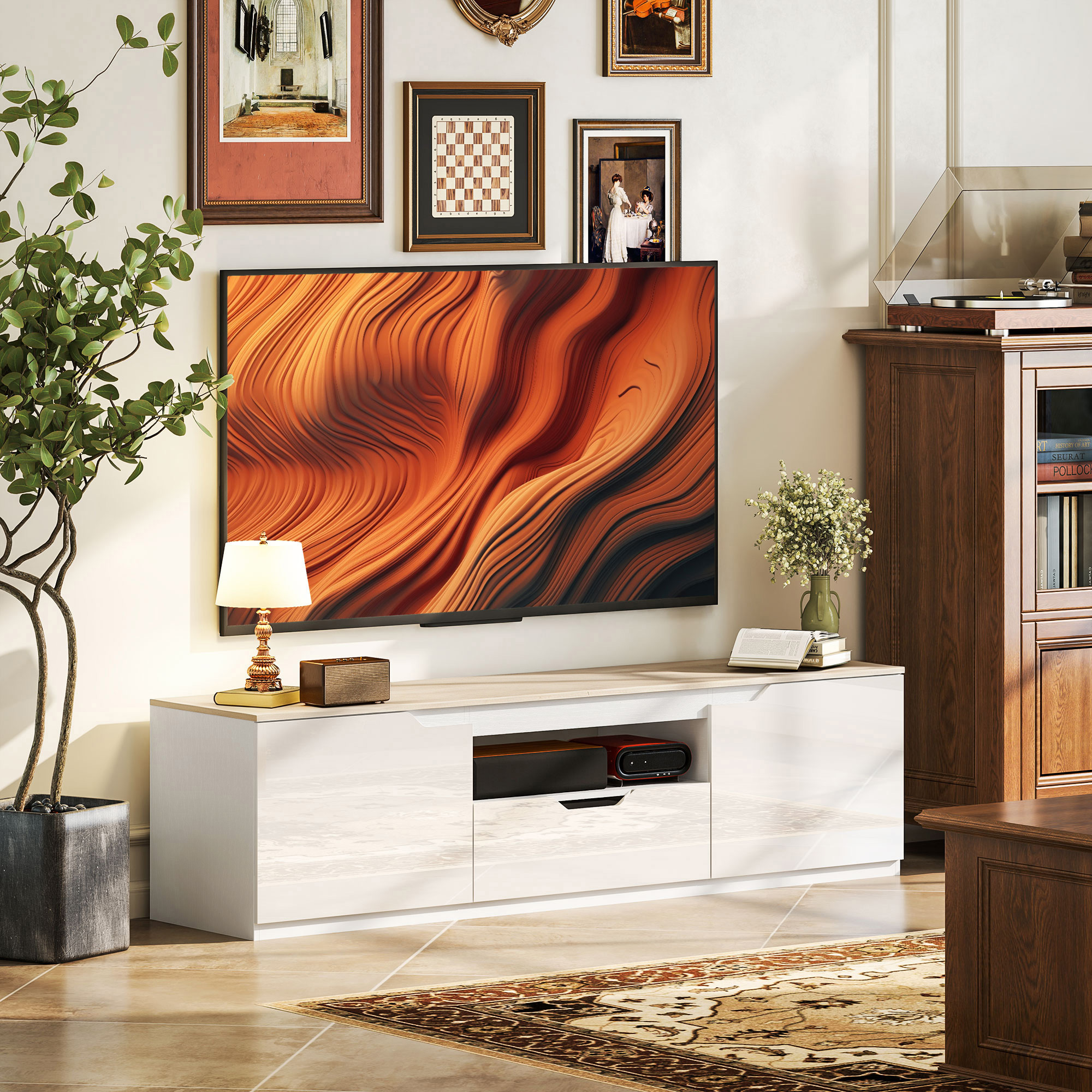 TV-Lowboard, Hochglanz, für Fernseher bis 65'', 3 Fächer, Schublade, 160 x 38 x 43 cm, Naturholz