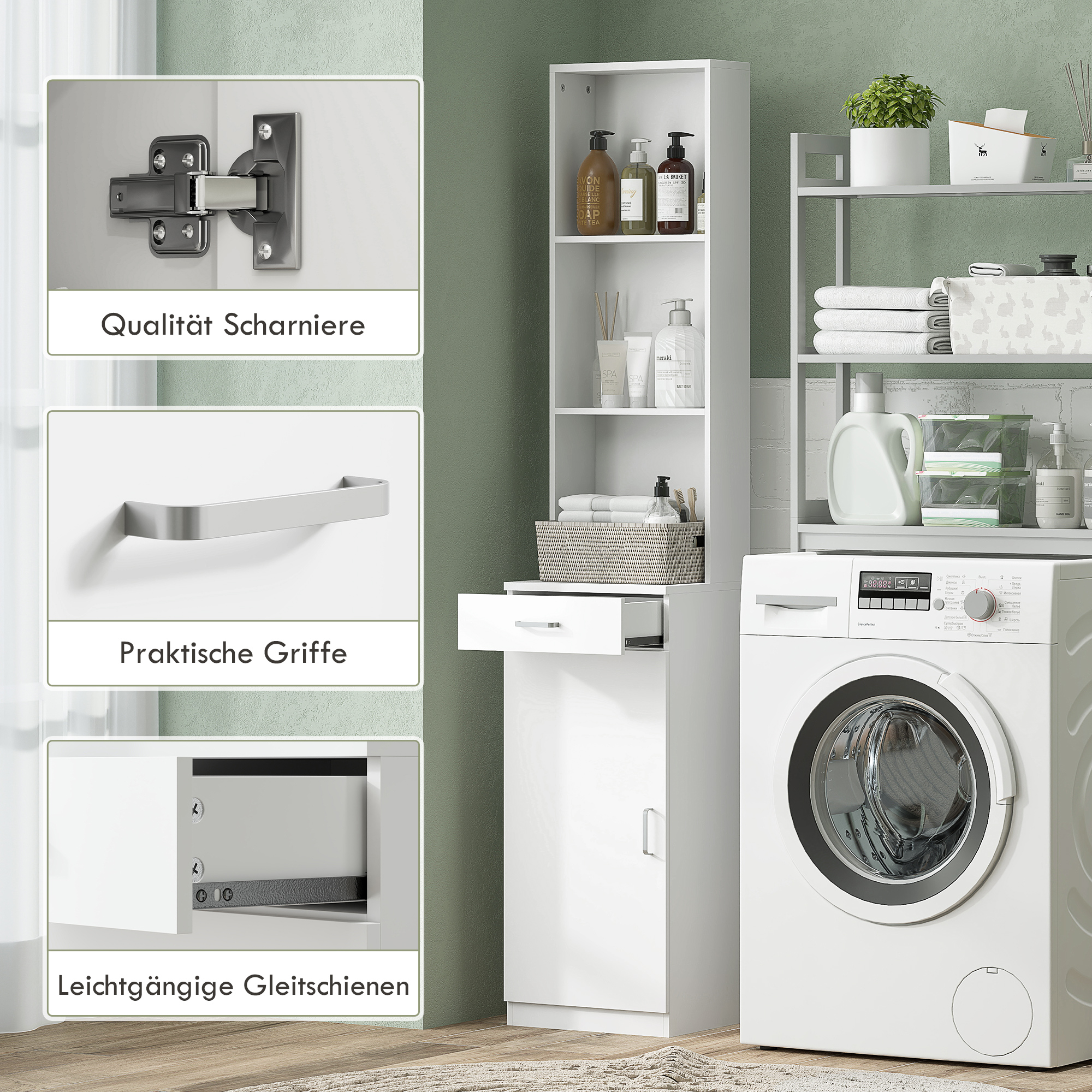 Hoher Badezimmerschrank, schmales Design, Schublade, Regale, Schrank, Spanplatte, Weiß