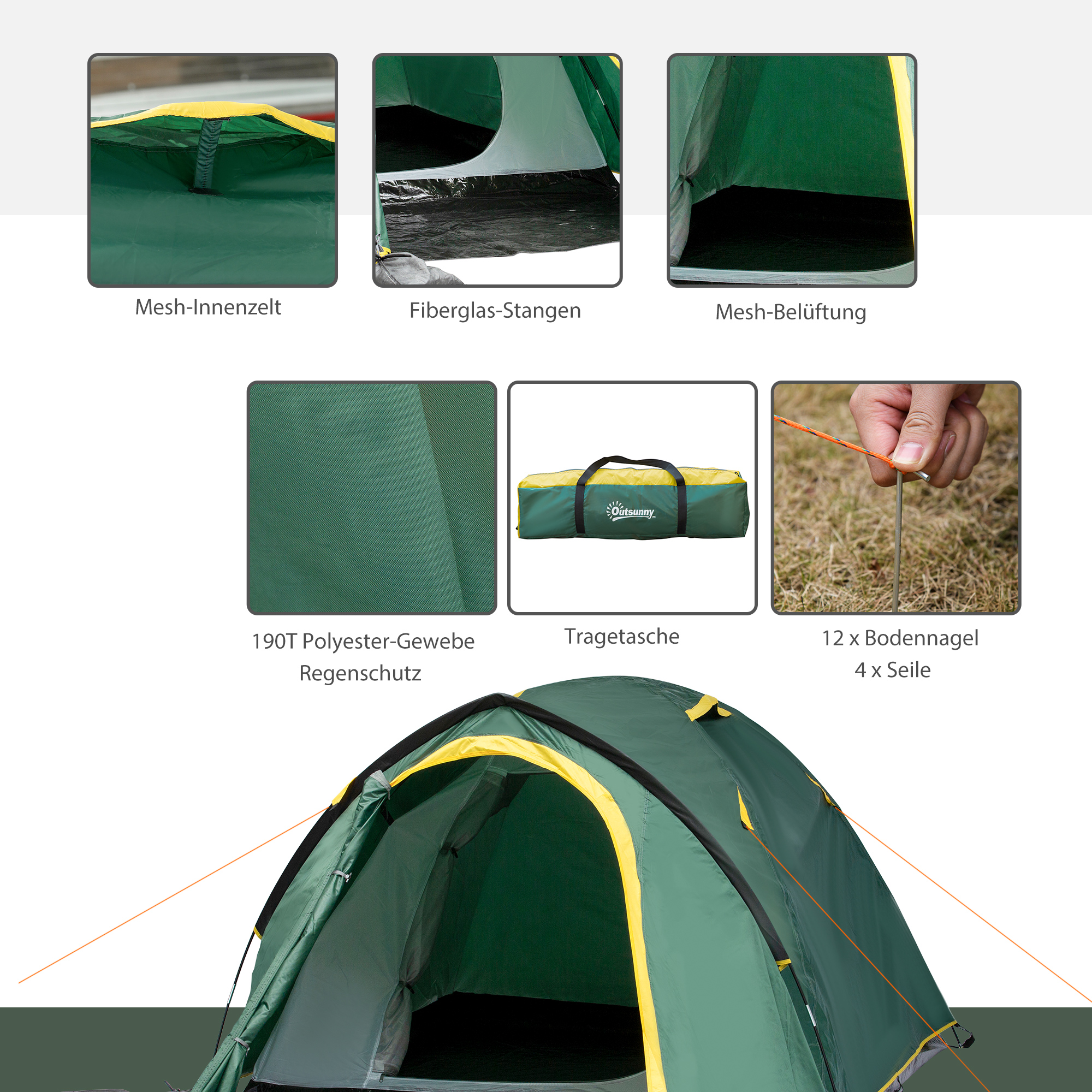 Zelt für 2 Personen 190T Campingzelt mit Heringen Kuppelzelt Glasfaser Polyester Grün+Gelb 325 x 183 x 130 cm