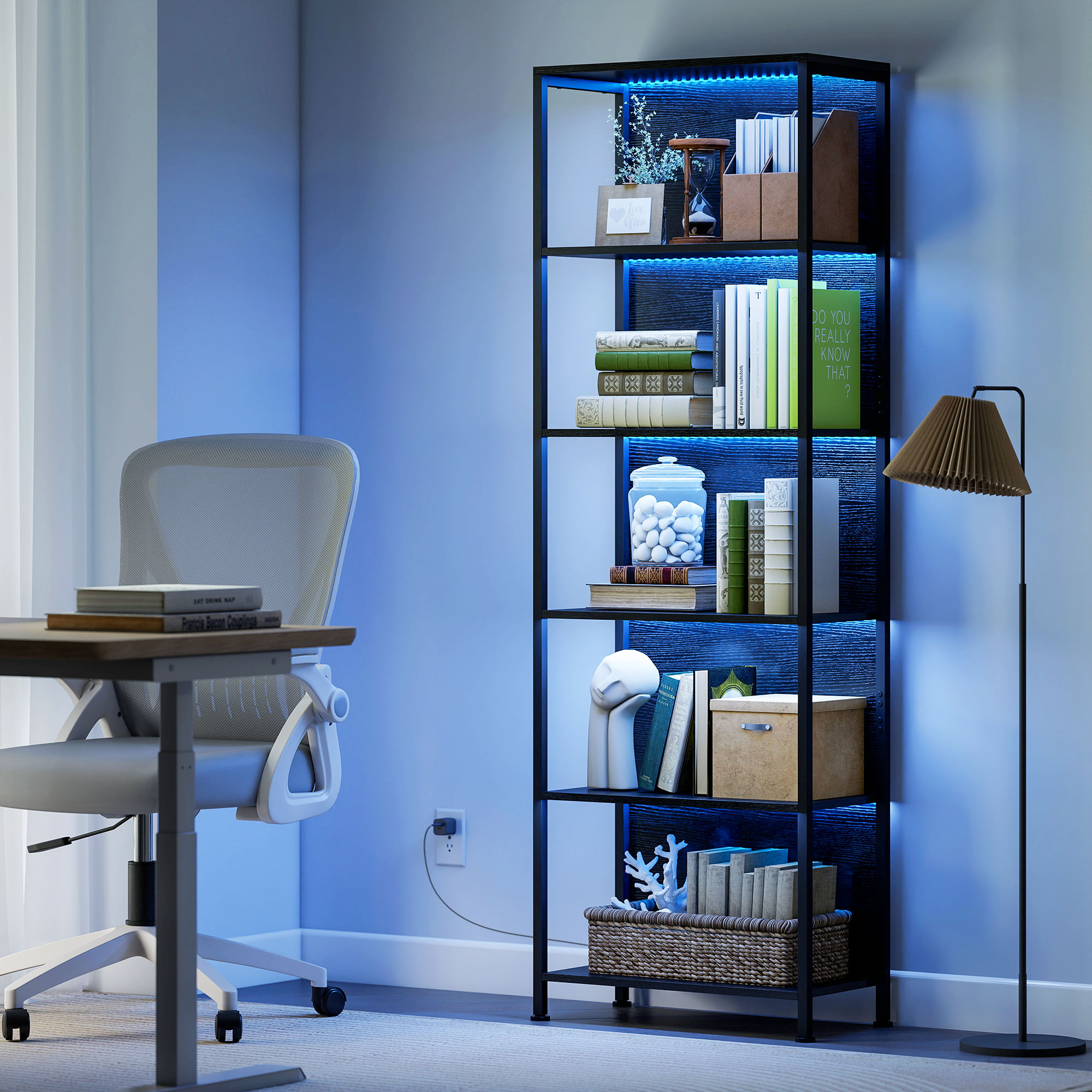 Bücherregal mit 5 Ebenen Standregal mit LED-Beleuchtung, 7 Lichtfarben, für Wohnzimmer, 60 x 30 x 179 cm Schwarz
