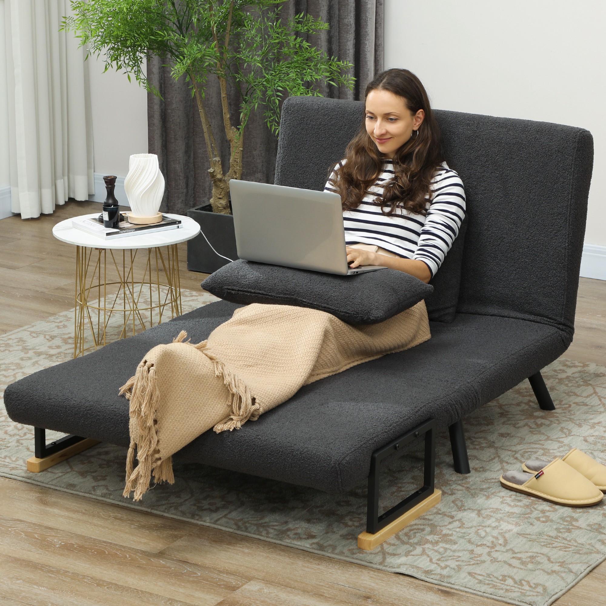 Schlafsofa 2er-Sofa mit Schlaffunktion, inkl. 2 Kissen, Sherpa-Optik, Natur + Dunkelgrau + Schwarz