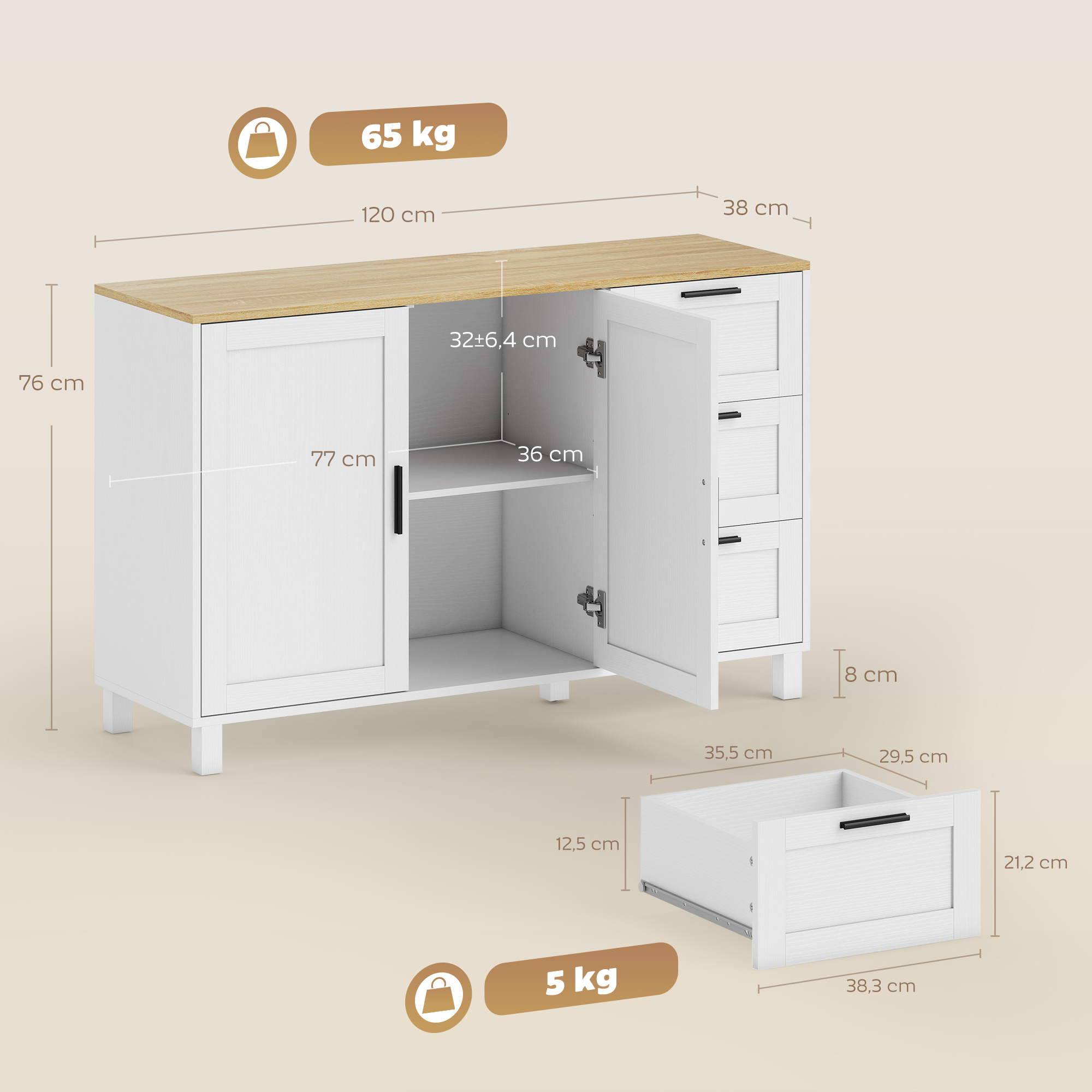modernes Sideboard mit Soft-Close-Türen, Kaffeebar-Schrank mit 3 Schubladen und verstellbarem Einlegeboden, Weiß