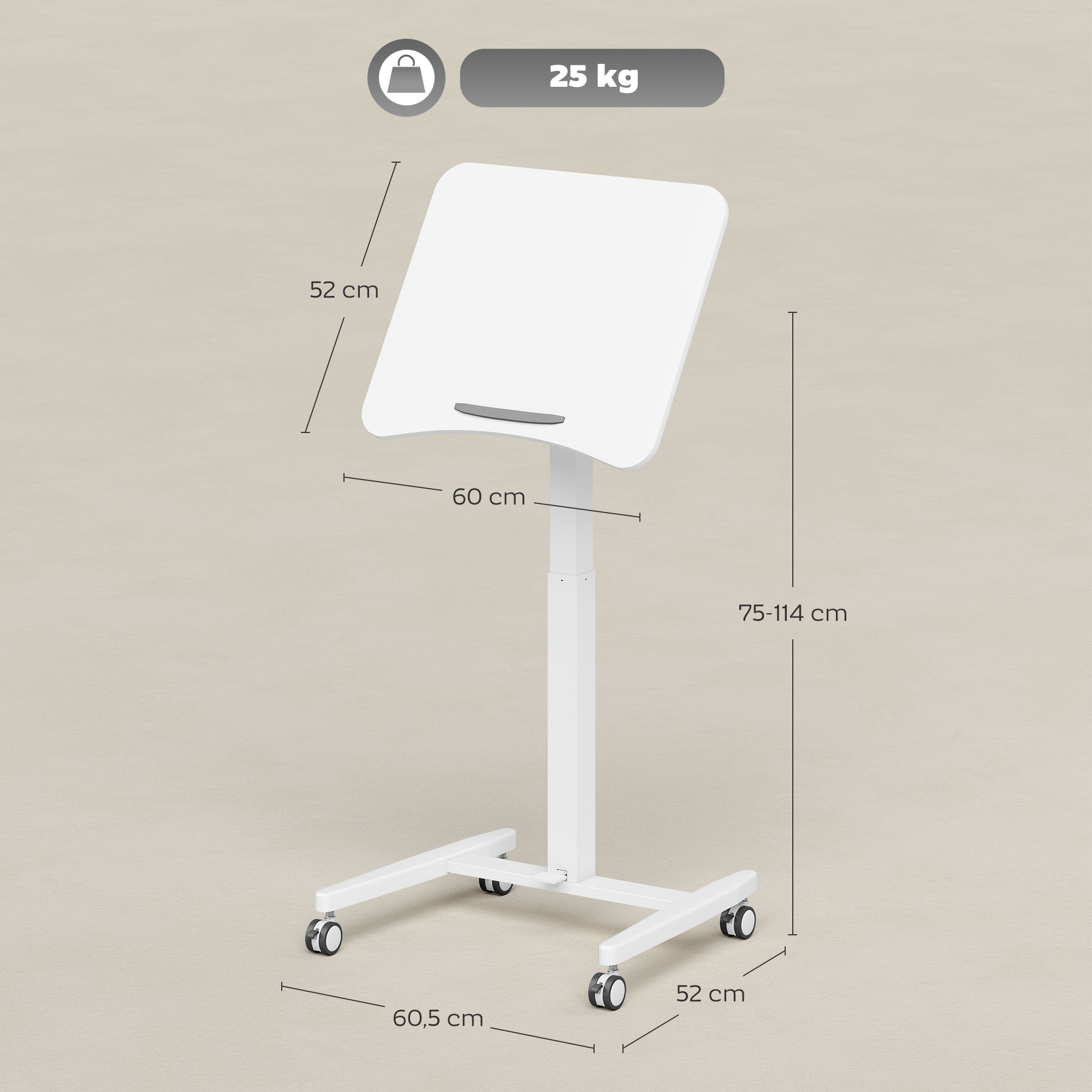 Höhenverstellbarer Stehschreibtisch, Rollbarer Schreibtisch mit neigbarer Tischplatte, Sicherheitsstopper, Rollen, Weiß
