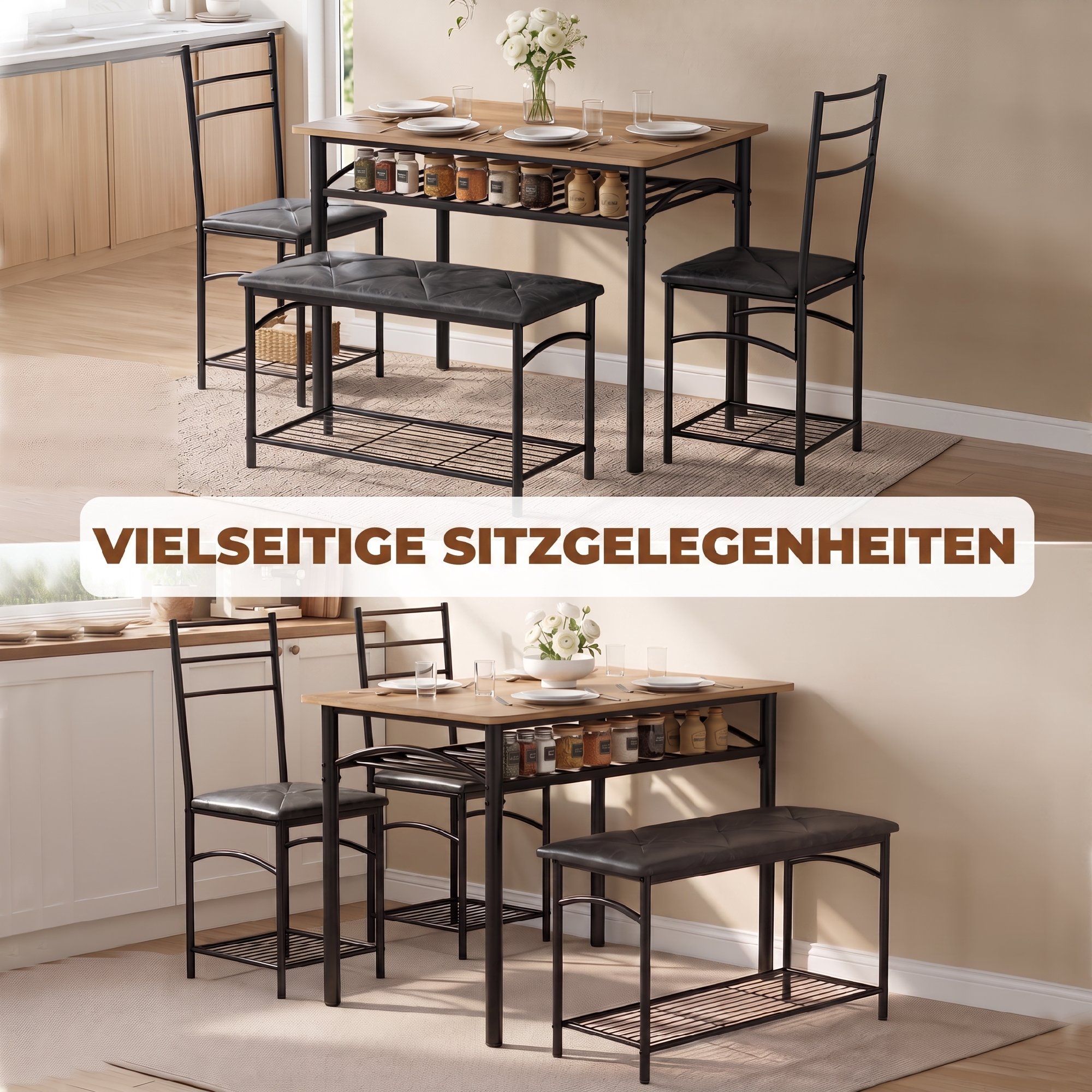 4-teiliges Essgruppen-Set, industrieller Küchentisch mit 2 Stühlen und Bank für 4 Personen, gepolsterte PU-Leder-Sitze, Braun