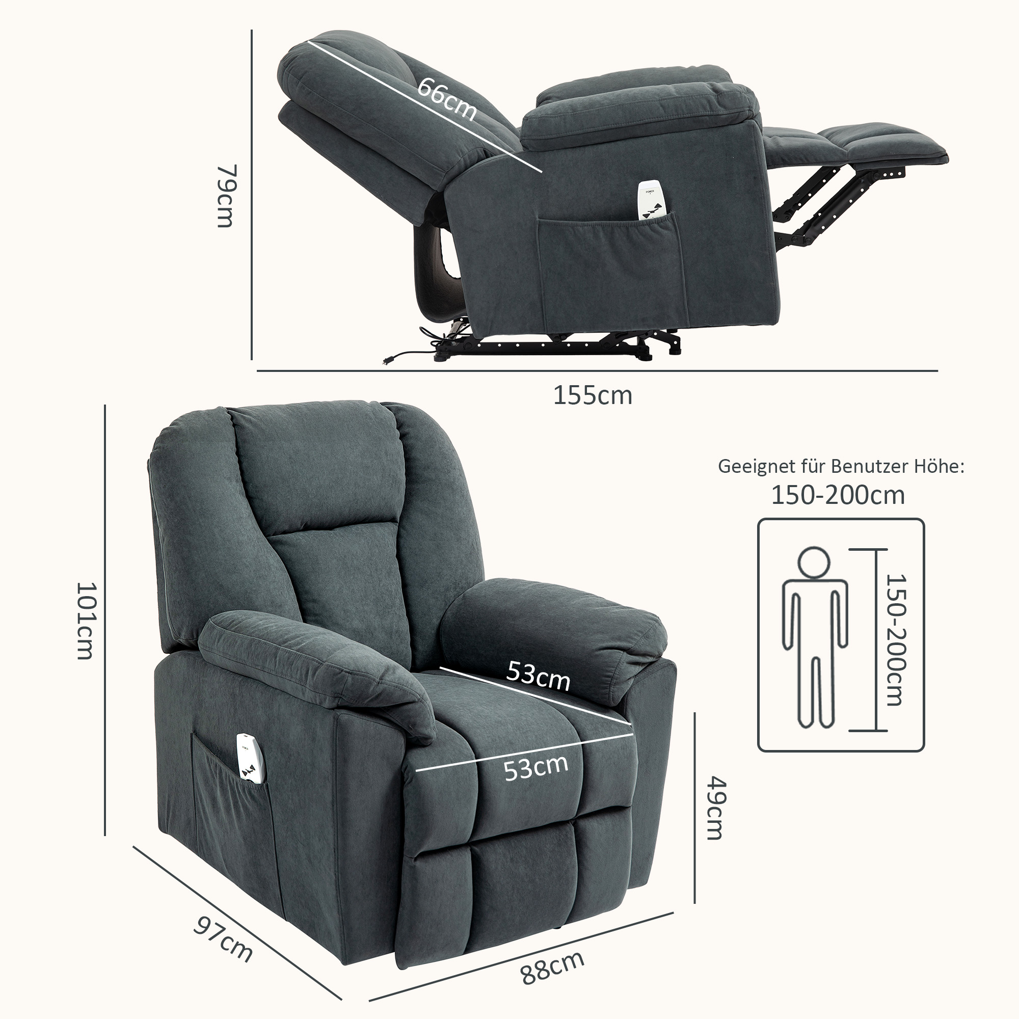 Relaxsessel mit Massage- und Wärme-Funktionen, Polstersessel mit USB-Anschluss, Seitentaschen, Grau
