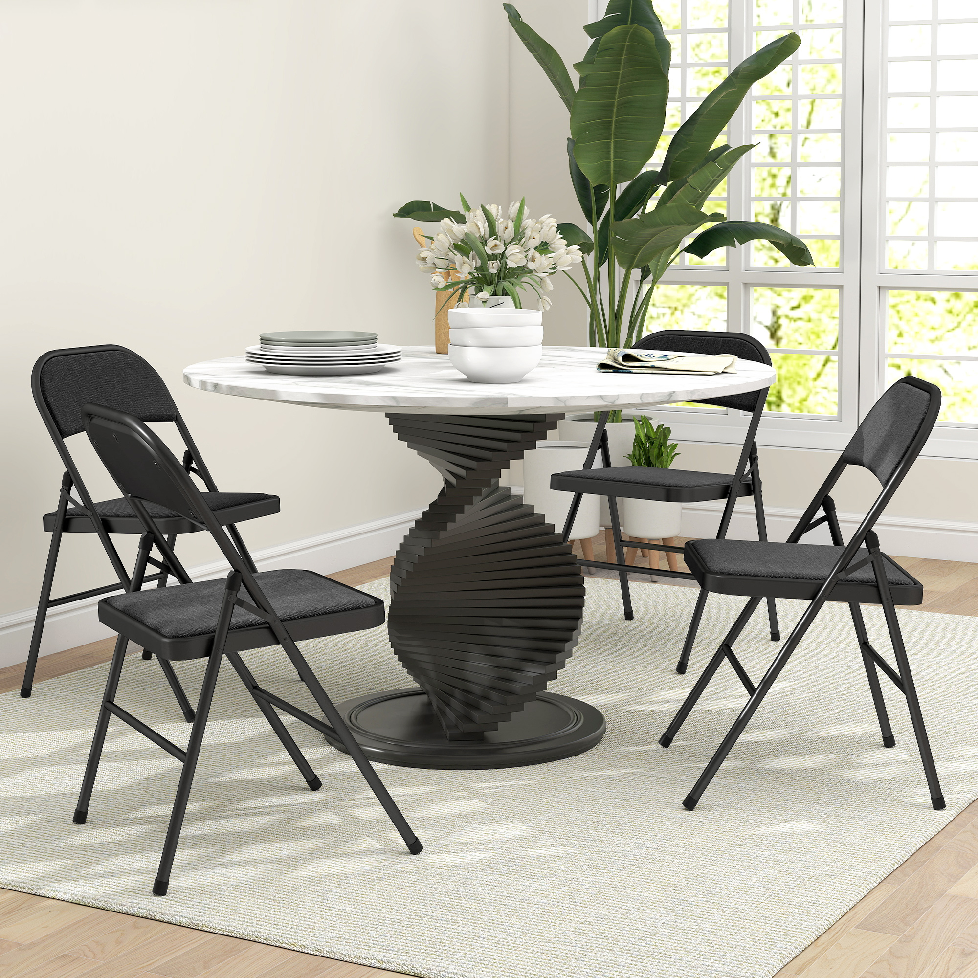 4er-Set Klappstühle, Tragbare Bürostühle, Metallbeine, Faltstuhl für Büro, Empfang, Wartezimmer, Leinenoptik, Schwarz