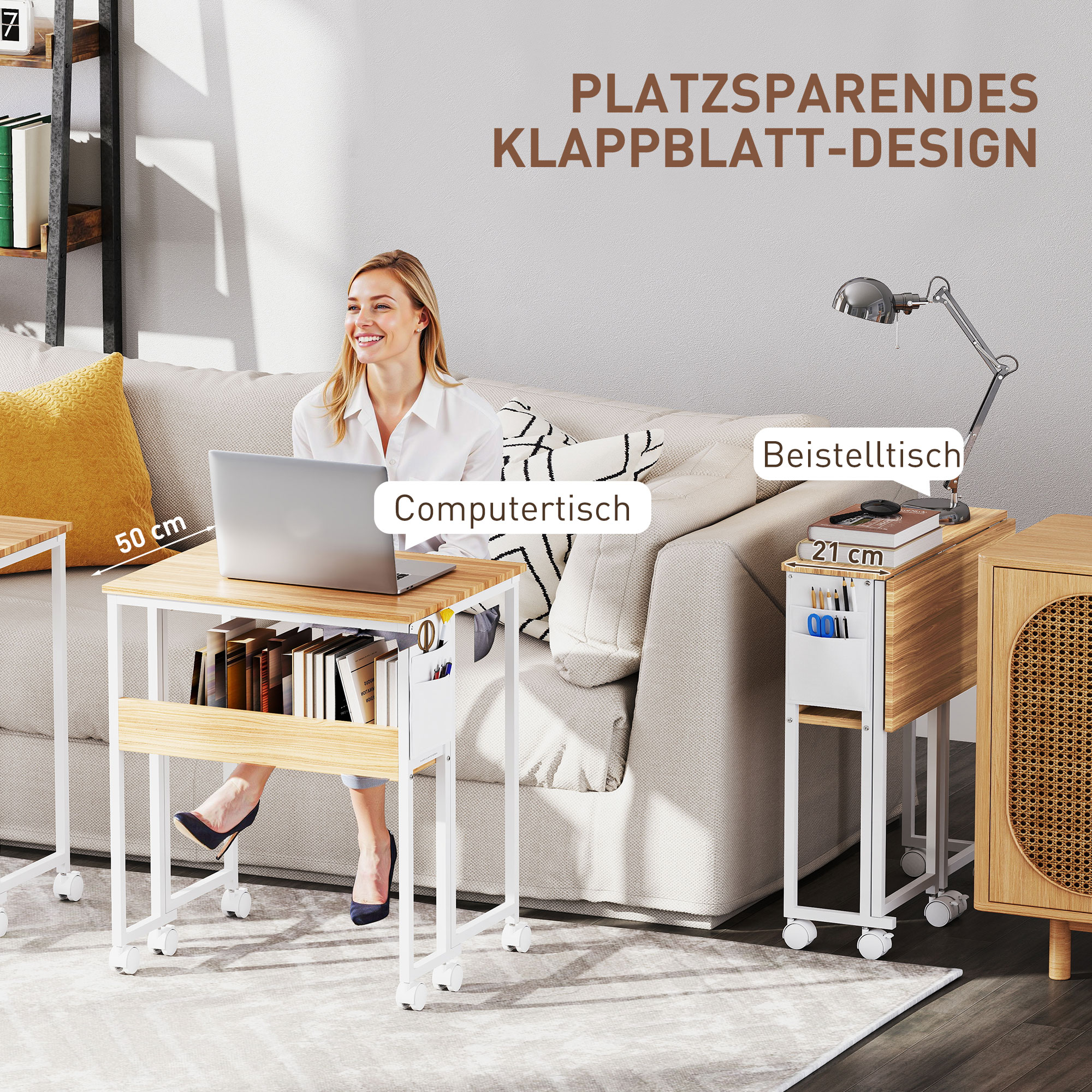 Faltbarer Schreibtisch, zum Beistelltisch umwandelbar, offenes Regal, Natur