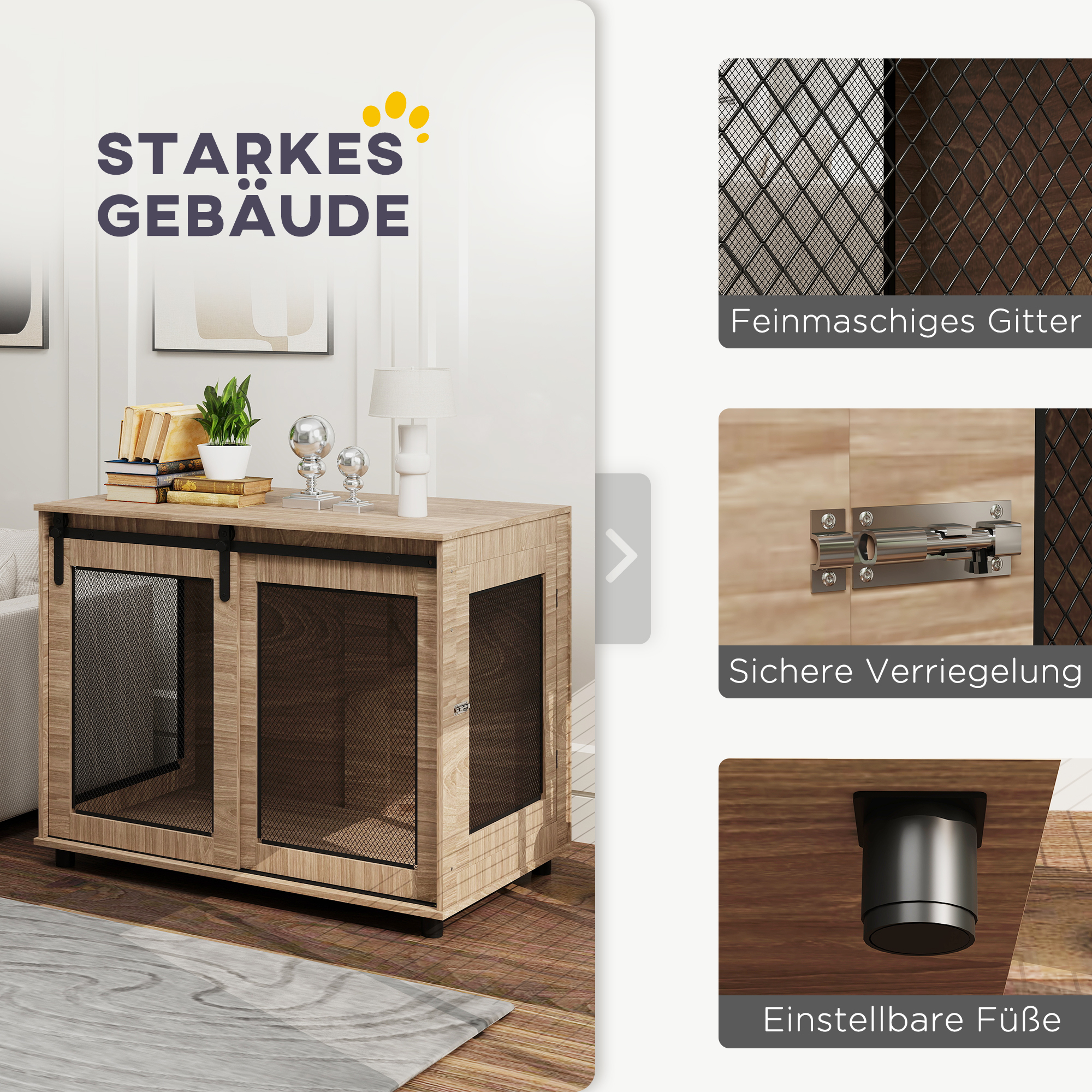 Hundebox, Transportbox für Hunde, Rückzugsbox für Haustiere, verschließbare Türen, 98 x 60 x 78 cm, Hellbraun