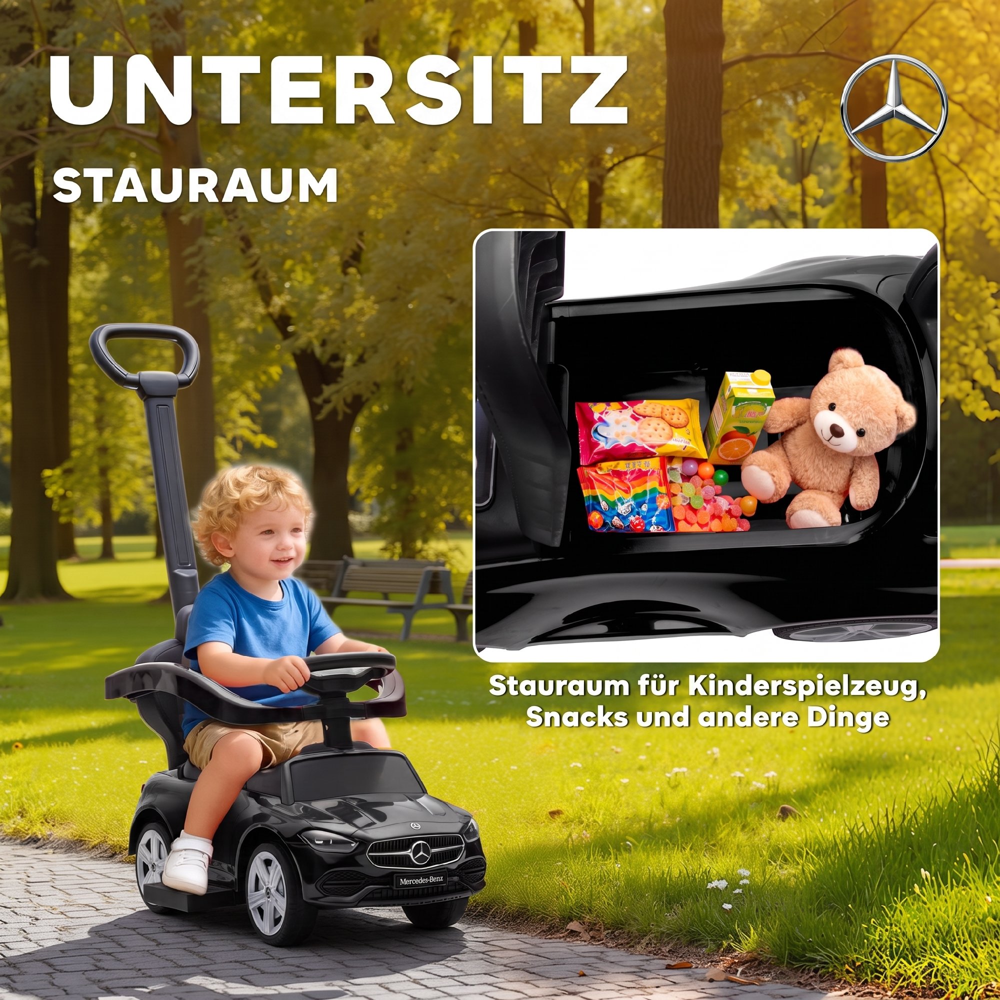 Rutschauto mit Schiebstange 2-in-1 Rutschfahrzeug mit abnehmbarem Griff, Sicherheitsgeländer, Stauraum, Hupe & Lenkrad