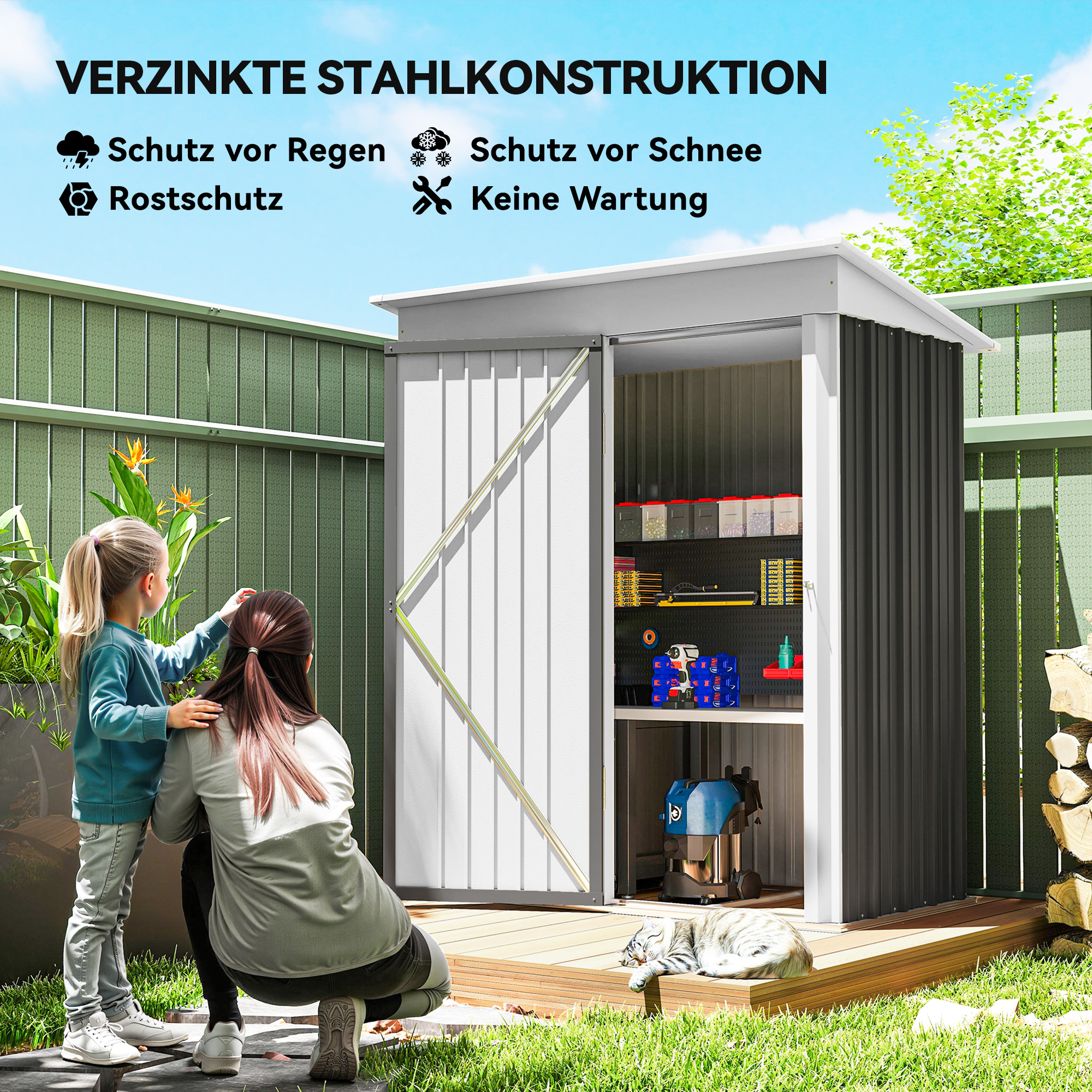 Gartenschuppen, Outdoor-Geräteschuppen aus Wellstahl, Wanddesign, verstellbare Regalböden, verschließbare Tür Dunkelgrau