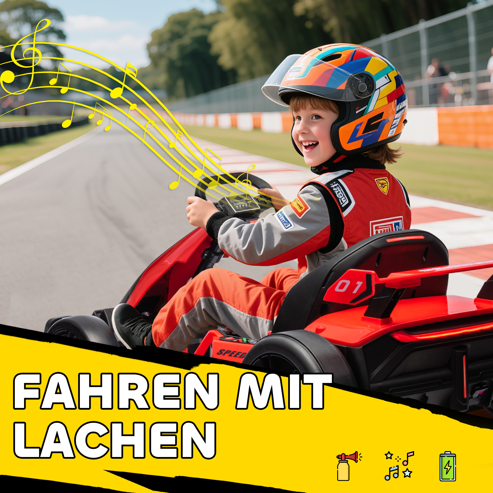 Go-Kart für Kinder, Elektro-Kart mit Hupe und Musikfunktion, verstellbarer Sitz, bis 12 km/h, Kunststoff, Metall, Rot