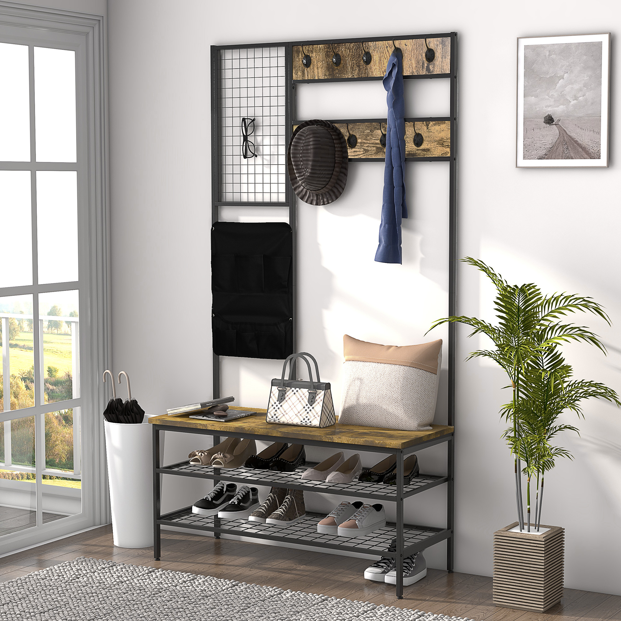 Garderobe im Industriedesign, 1 Memoboard, 1 Schuhbank, 8 Kleiderhaken, 1 Aufbewahrungstasche, Schwarz + Braun