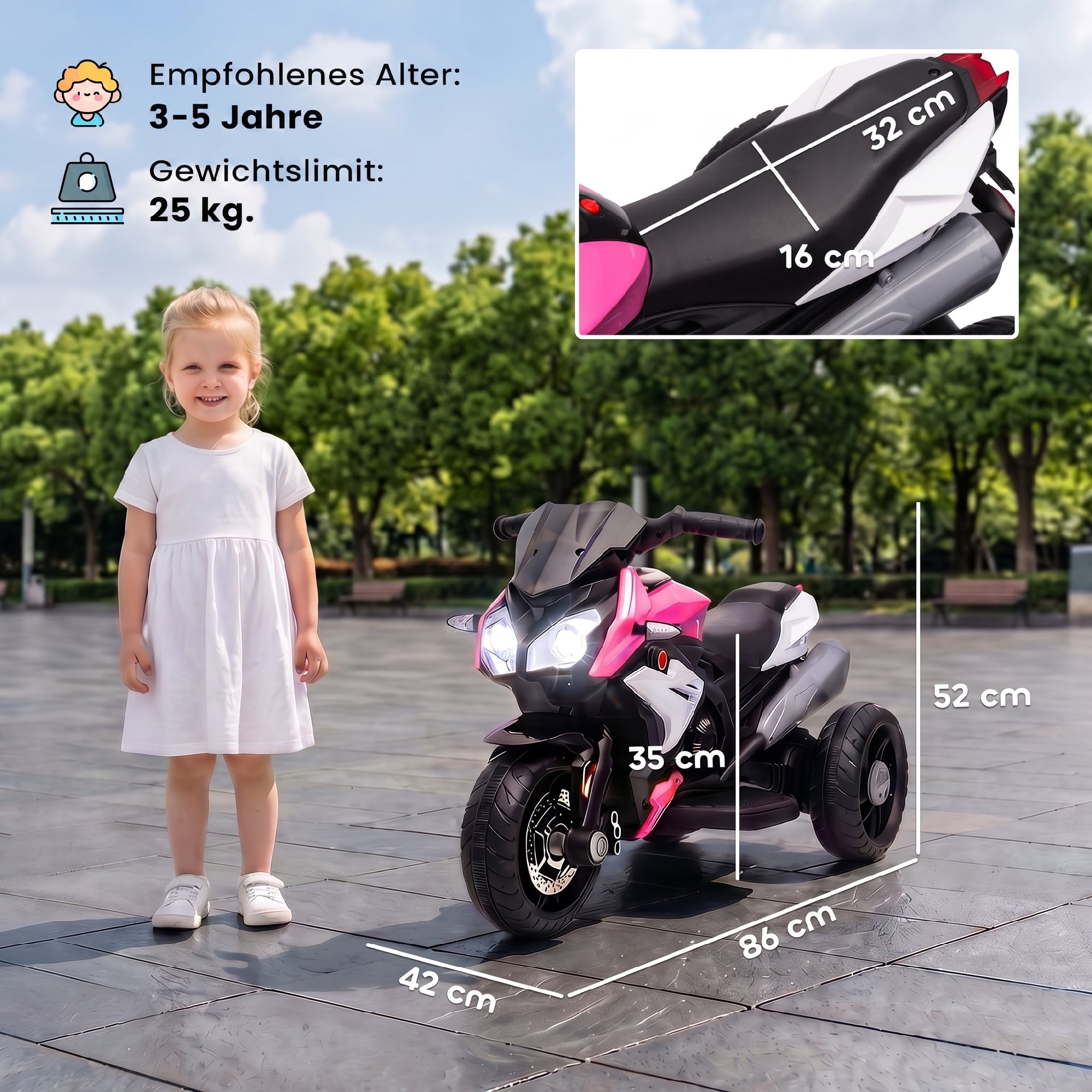 Elektro-Kindermotorrad, Lichter & Geräusche, 3 km/h, wiederaufladbar, Kunststoff & Metall, Rosa/Weiß