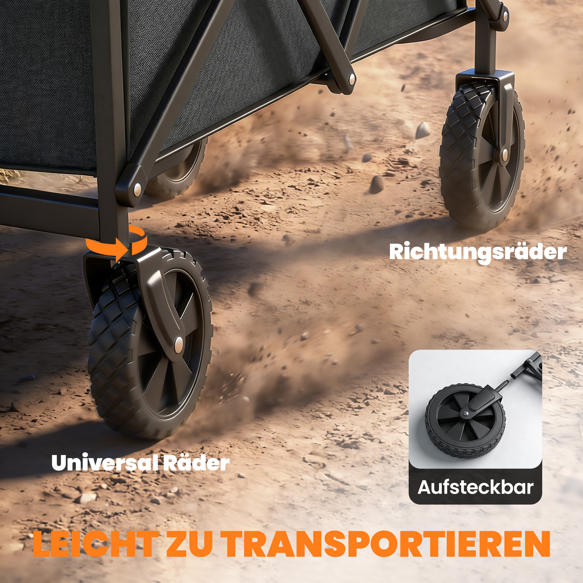 Bollerwagen faltbarer Handwagen mit Griff Verstellbarer Griffhöhe bis 68 kg Tragkraft für Sport Einkauf Camping Schwarz