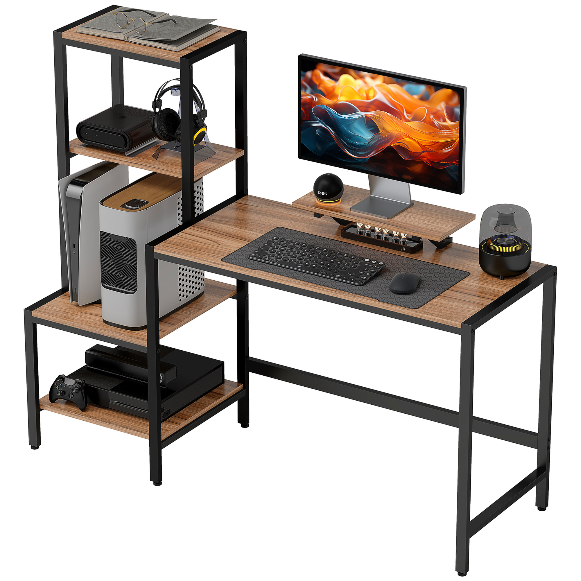 Computertisch mit Monitorständer, Schreibtisch mit 4-stufigem Regal, Industrielles Design, Braun