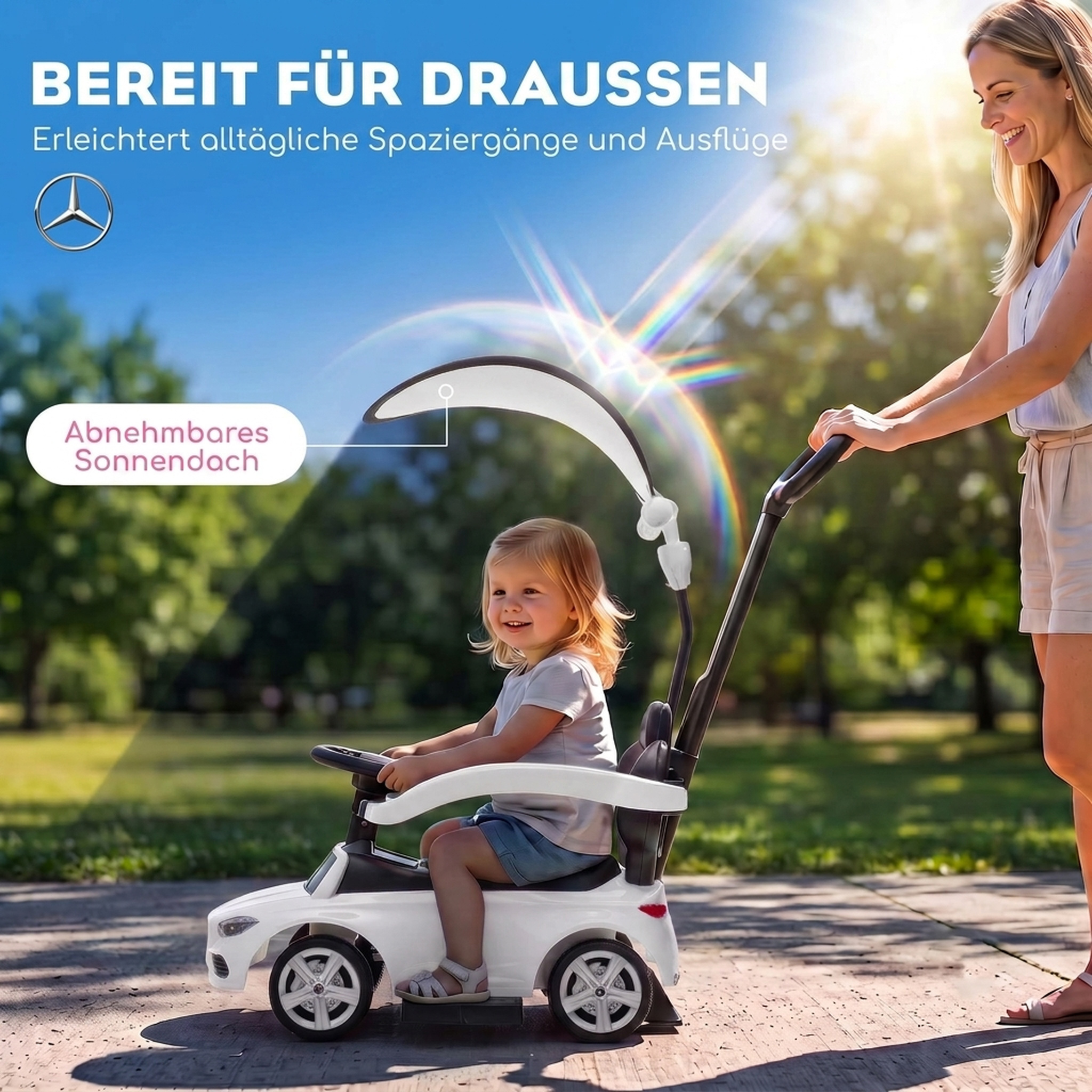 3-in-1 Rutschauto mit Schiebstange Mercedes-Benz Rutschfahrzeug mit Lenkrad Hupe Musik Dach Sitzstauraum Weiß