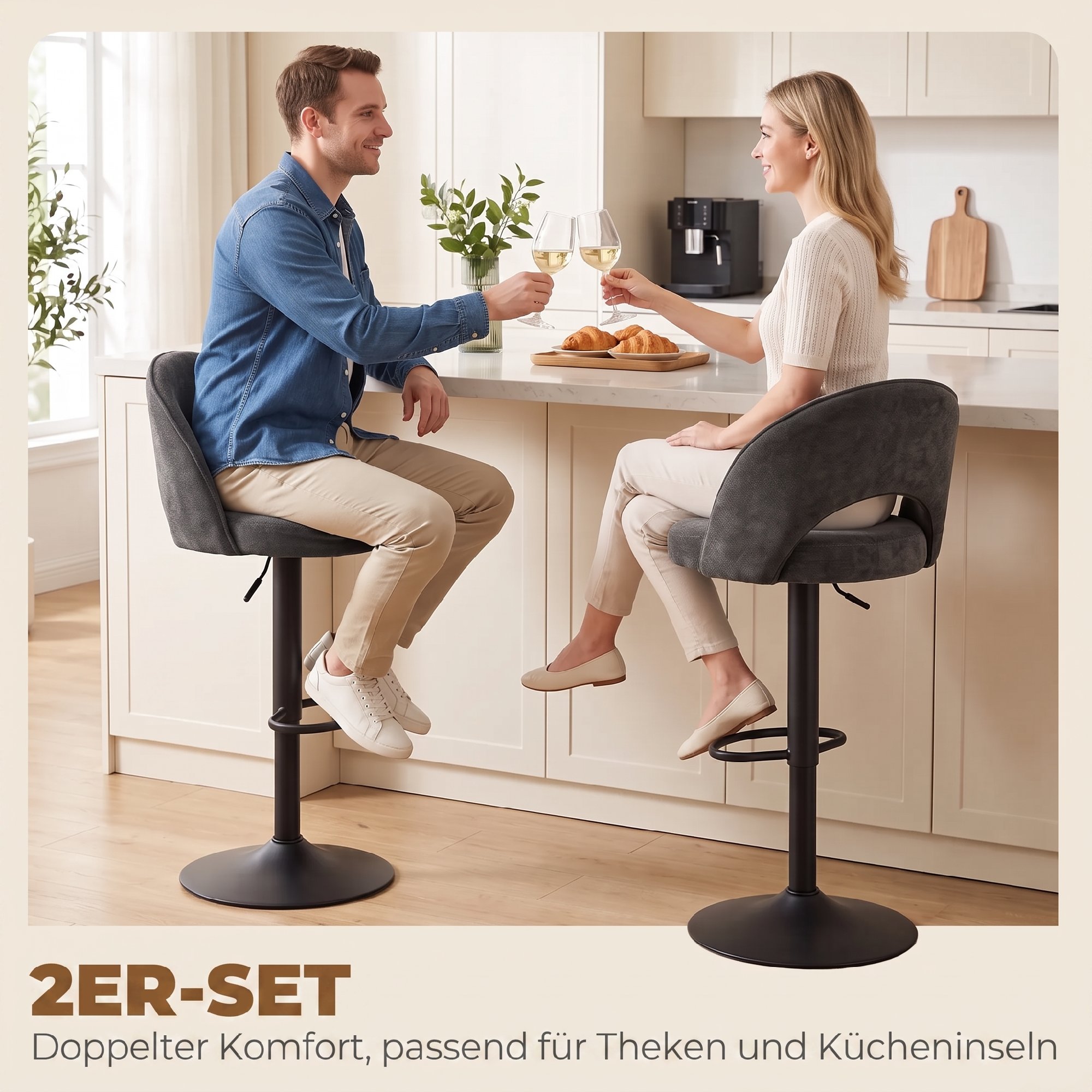 Barhocker 2er-Set, höhenverstellbar und drehbar, für Theke, Dunkelgrau