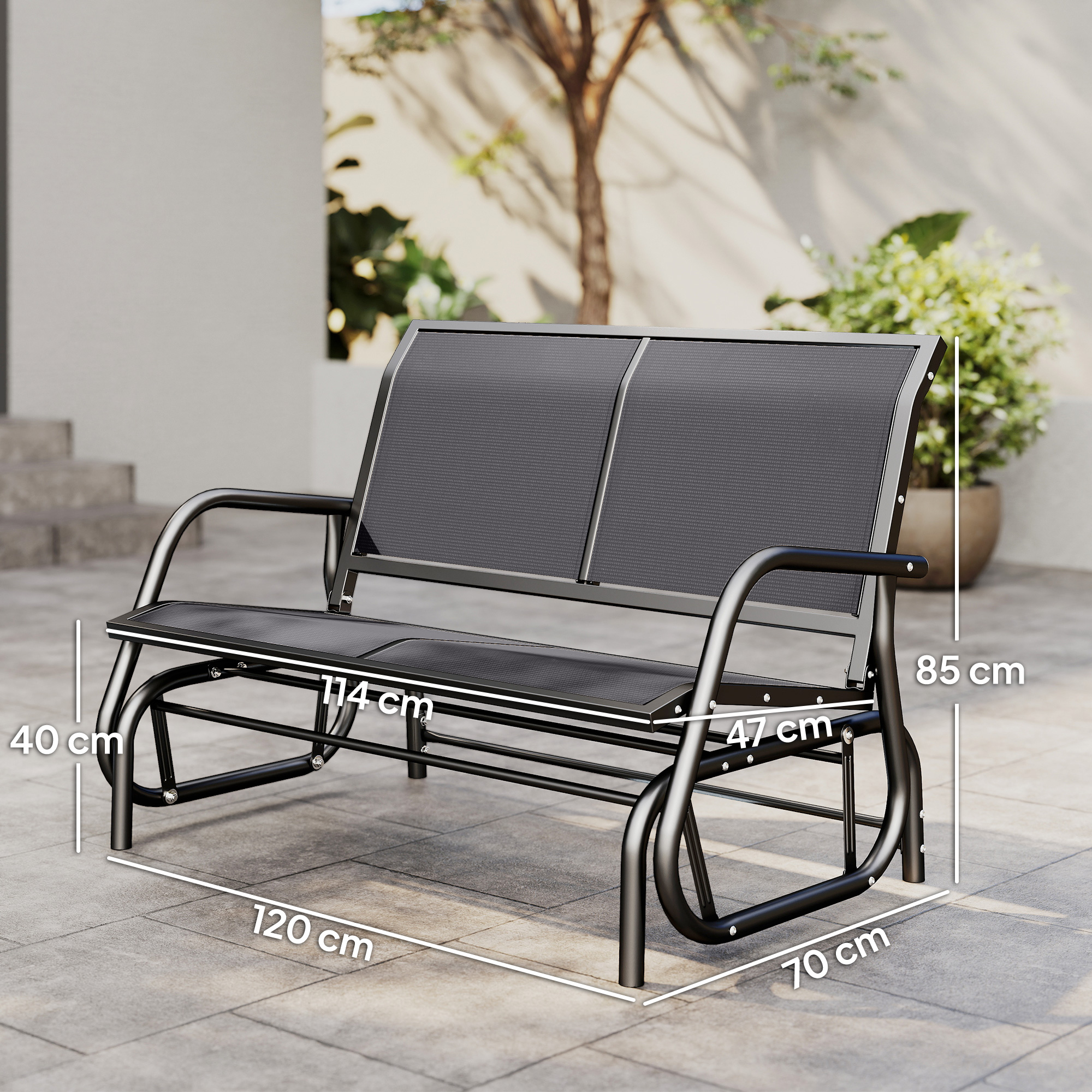 2-Sitzer Schaukelstuhl Gartenbank mit Schaukelmechanismus Gartenschaukel Sitzbank aus Metall Parkbank bis 200 kg belastbar Gartenmöbel für Garten, Terrasse, Veranda 120 x 70 x 85 cm Grau