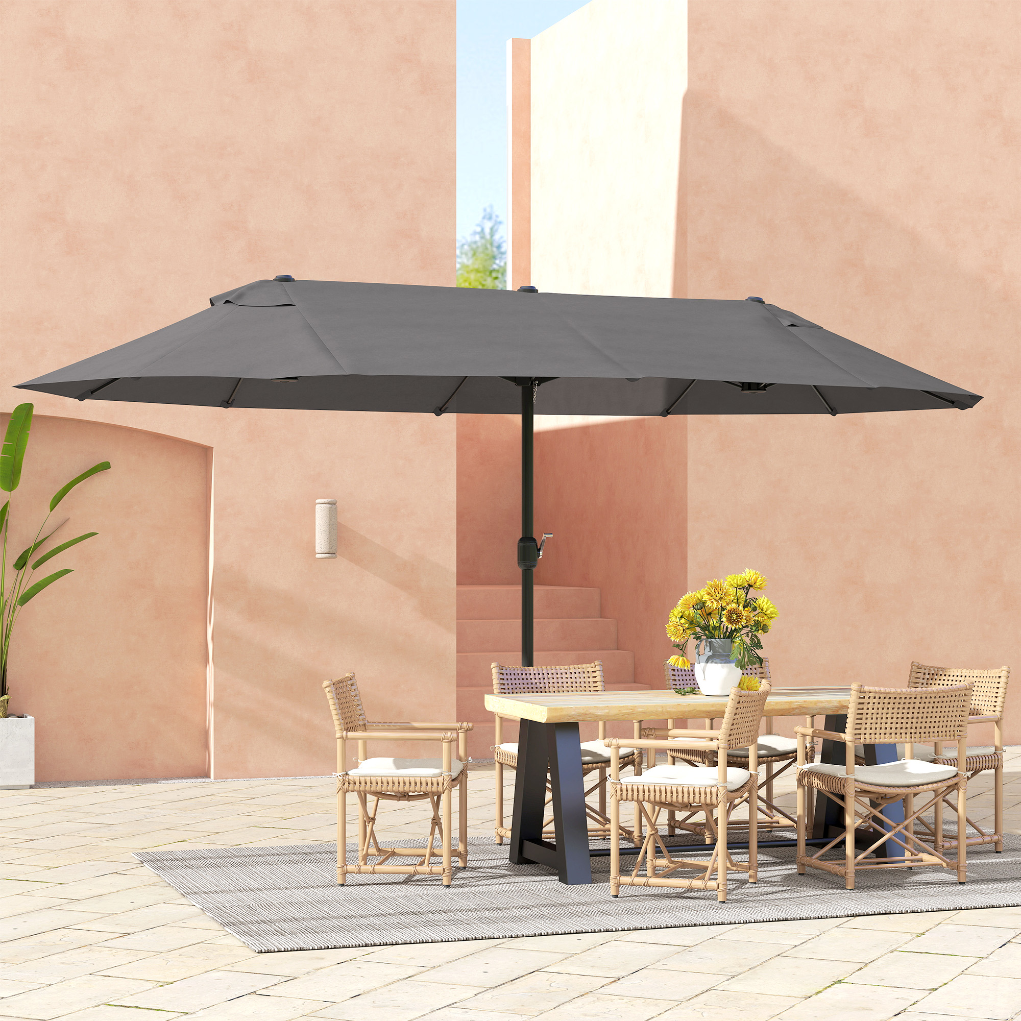 Doppelsonnenschirm 455 x 265 cm, UV Schutz Sonnenschirm mit Handkurbel, Balkonschirm windfest Kurbelschirm Sonnenschutz für Balkon Garten, Grau