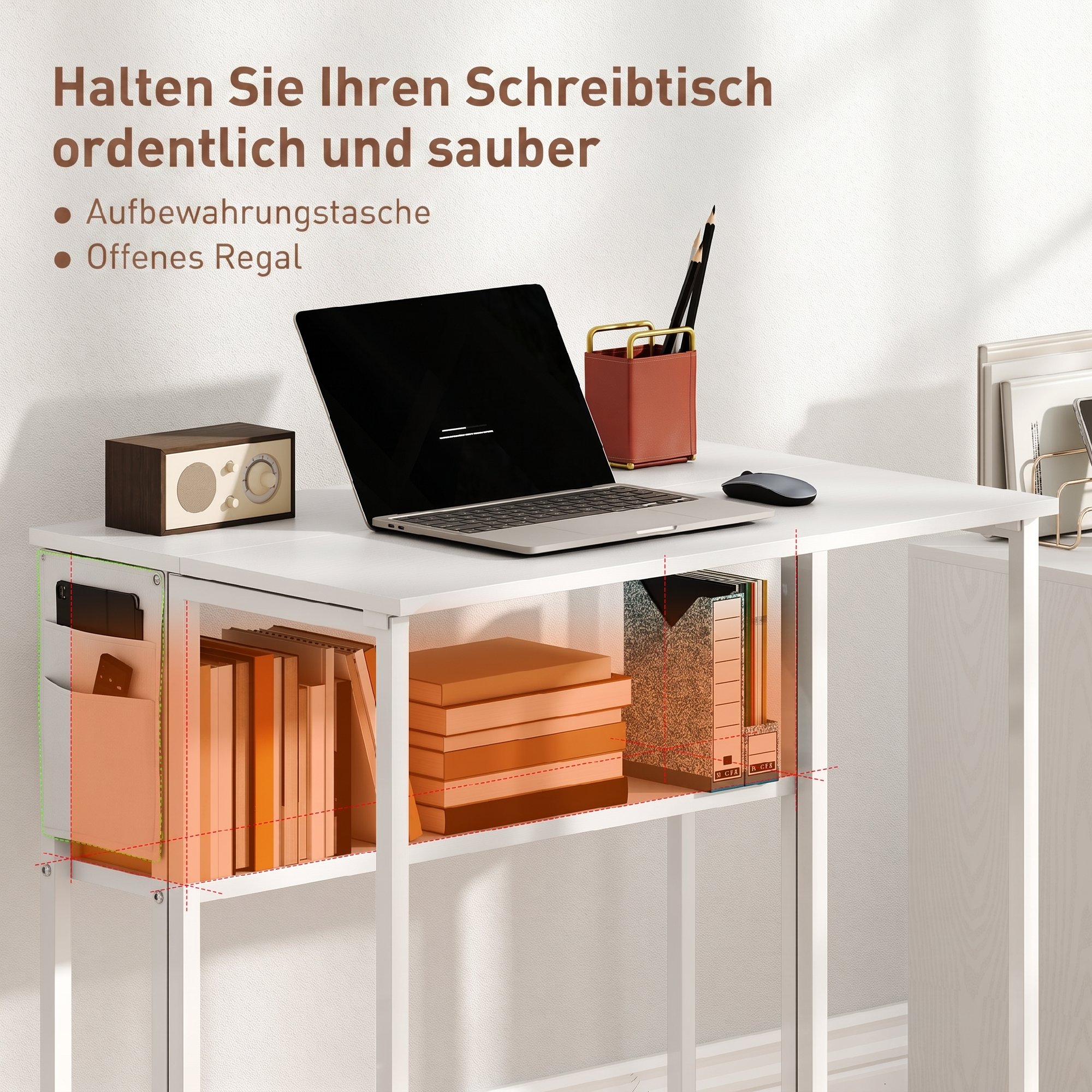 faltbarer Schreibtisch, zum Beistelltisch umwandelbar, offenes Regal, Weiß