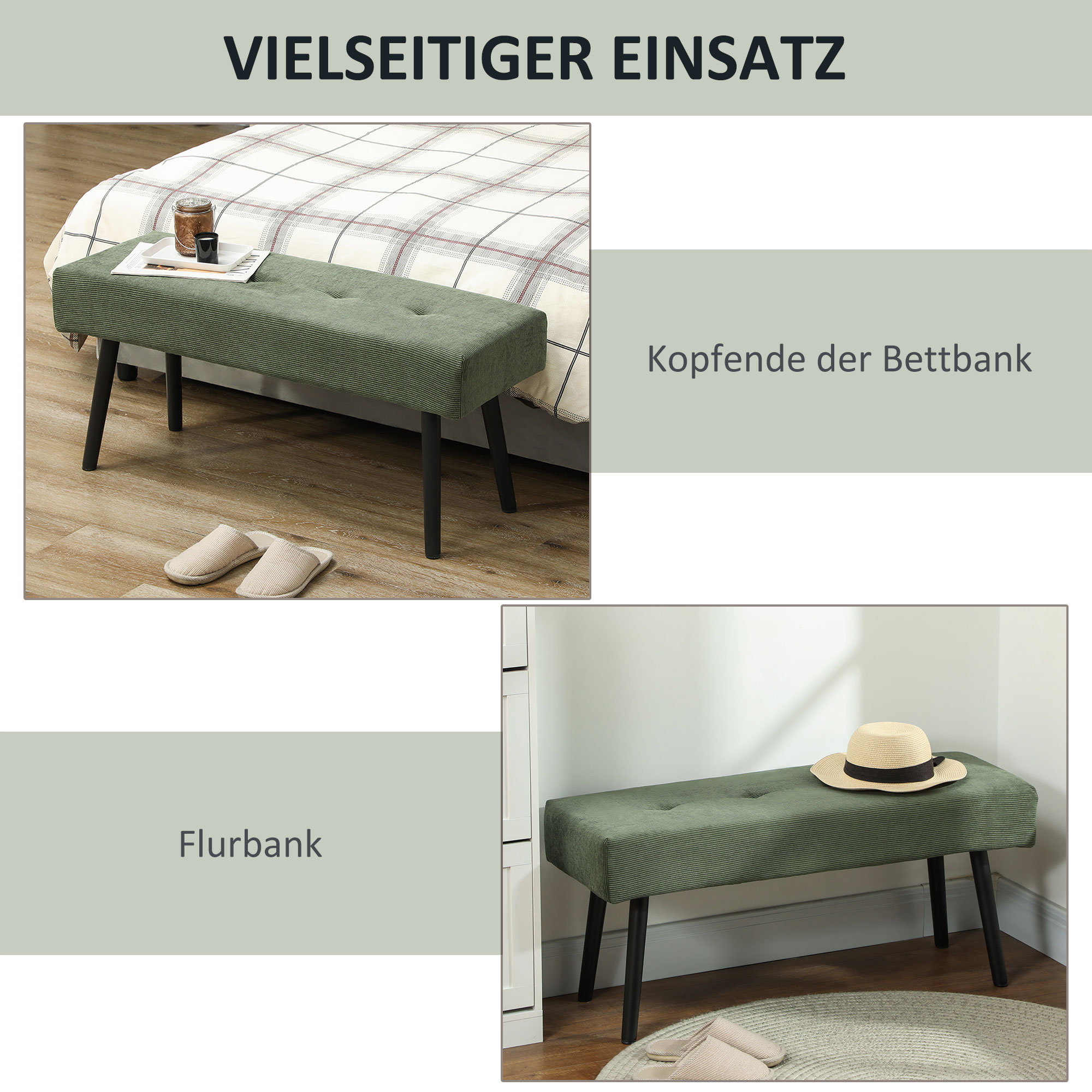 Sitzbank Polsterbank mit Cordbezug, Bettbank mit Metallbeine, Schuhbank 100 x 36 x 45 cm Grün