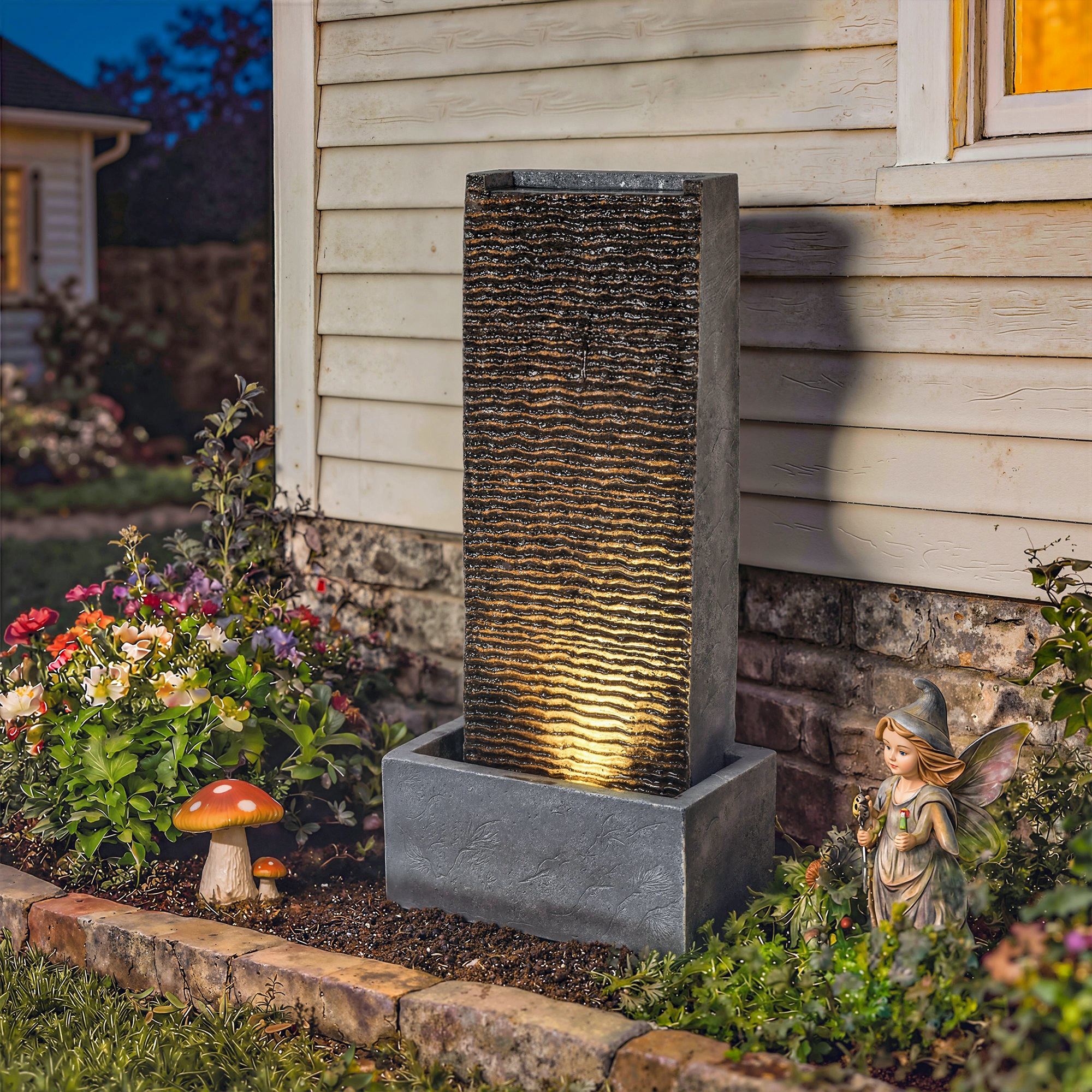 Springbrunnen 2-stufig Gartenbrunnen mit LED Beleuchtung Pumpe Granitoptik 37,5 x 22 x 80 cm