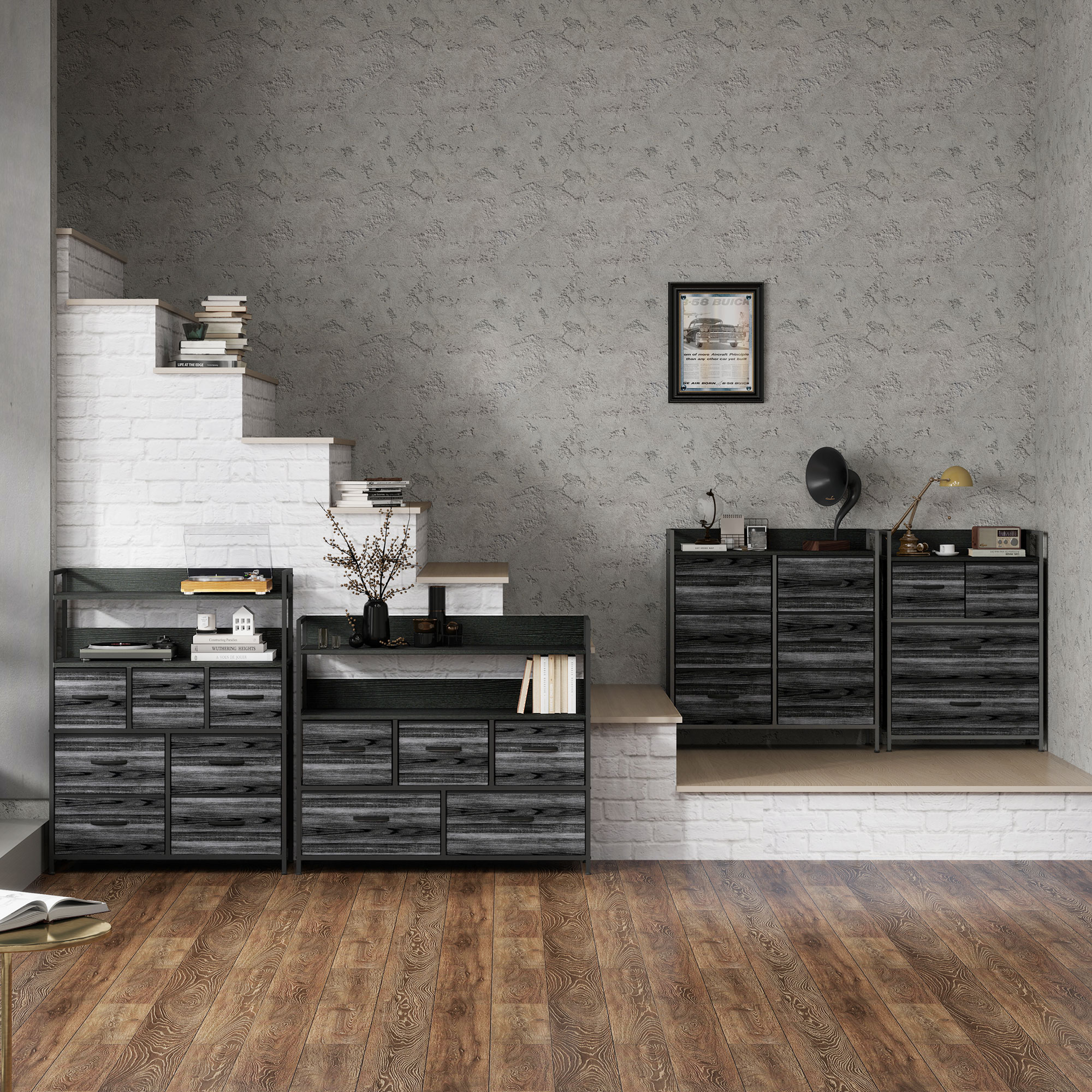 Kommode, Sideboard, 4 Stoffschubladen, Industrial Design, 60x29x85cm, Schwarz