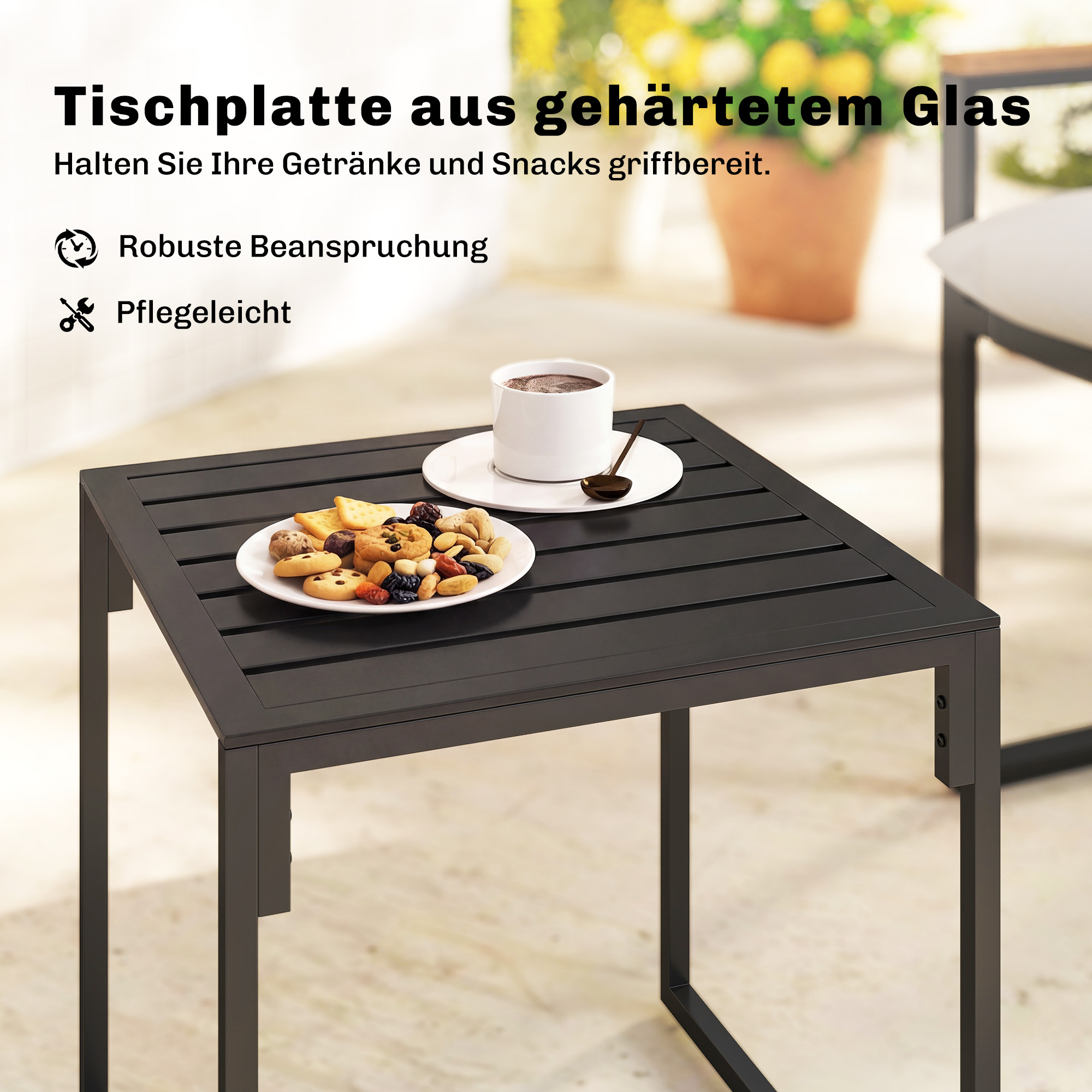 Bistro-Set für 2 Personen, 3-teiliges Garten-Bistro-Set mit Metallrahmen und dicken Polstern