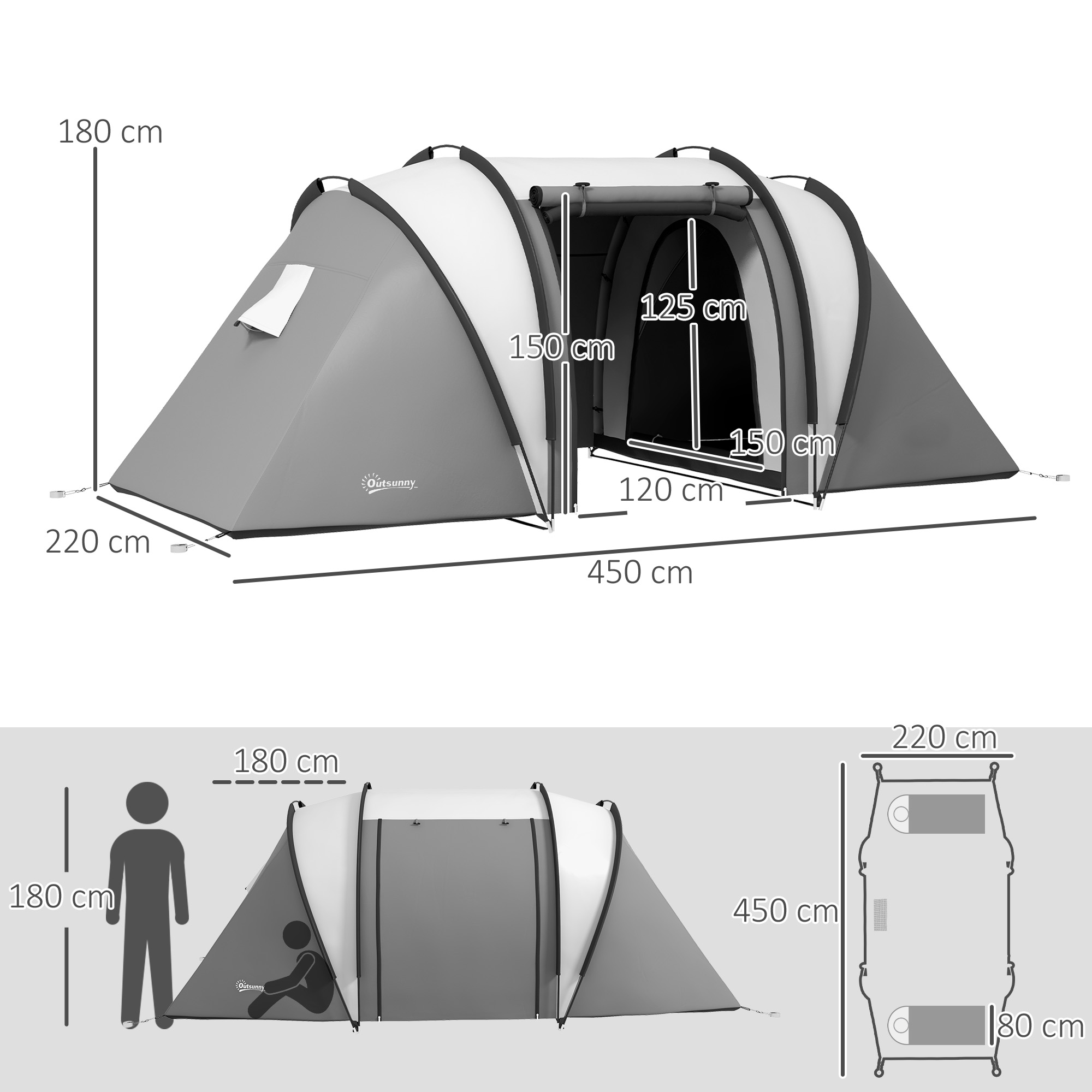 Campingzelt für 4-5 Personen leicht wasserabweisend Familienzelt mit 3 Zimmer Seitentür Fenster Grau