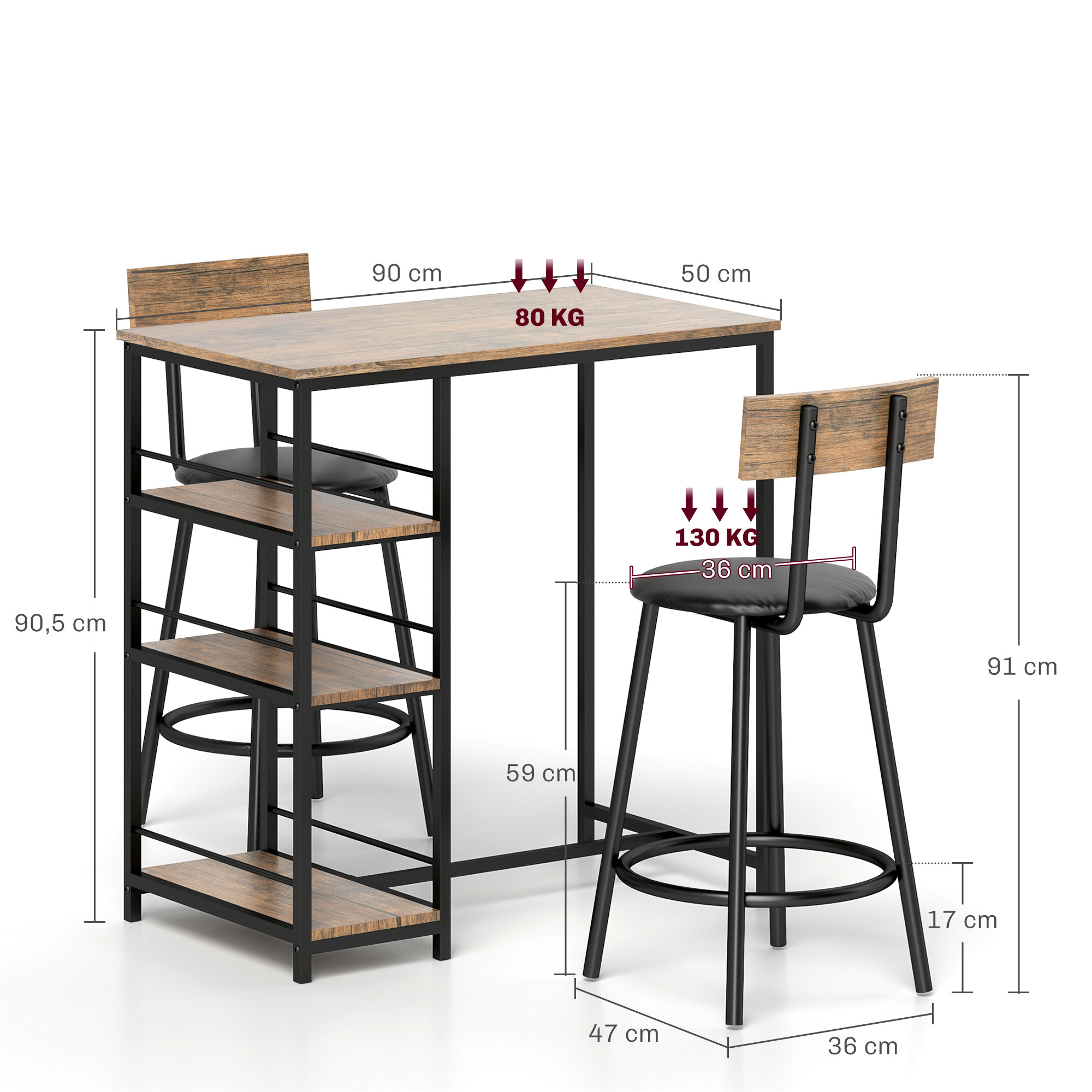 3-teiliges Ess-Set mit Bartisch und 2 Stühlen, Kleines Küchenset mit seitlichen Regalen, MDF, Metall, Schwarz