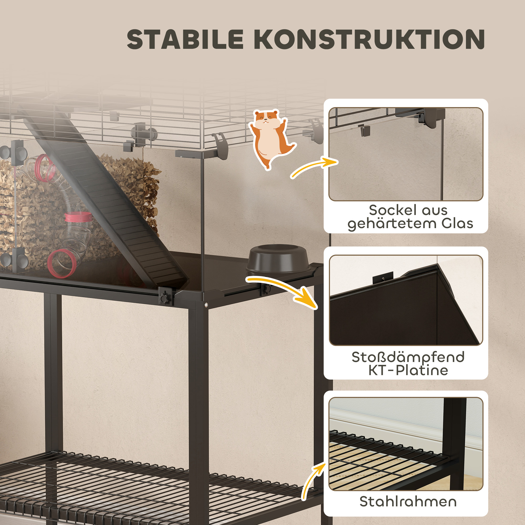 Hamsterkäfig, Kleintiergehege mit 3 Ebenen, Laufrad, Hütte, Plattformen, Rampen, Futterschale, Wasserflasche, Zubehör, Stahl, Kunststoff, Schwarz