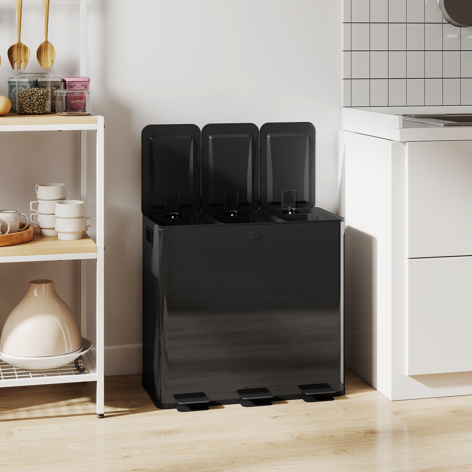 Mülleimer mit 3 x 20l Fächern, Deodorant-Deckel, fingerabdrucksicher, Soft-Close, herausnehmbar, Schwarz