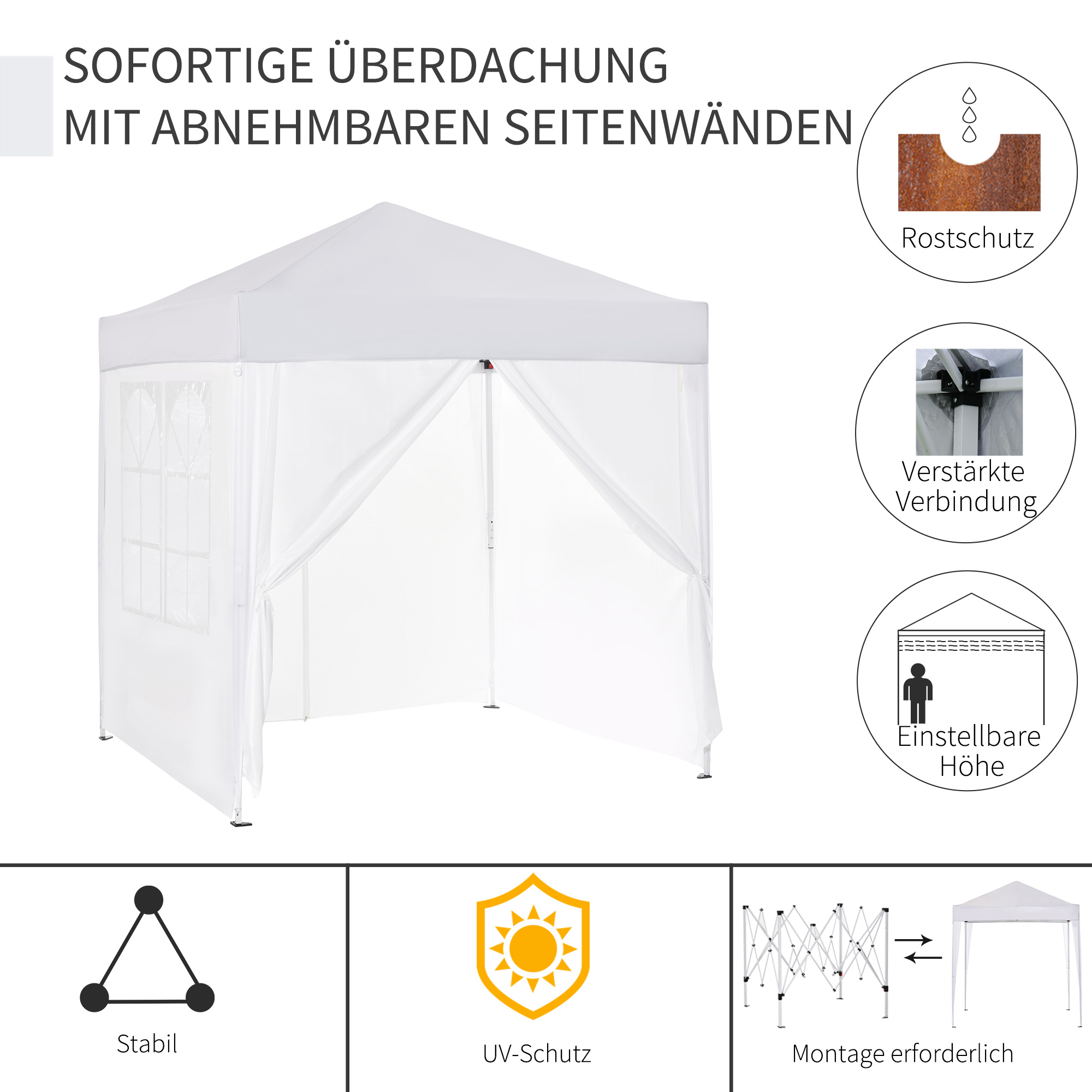 Faltpavillon, Bierzelt, 4 abnehmbare Seitenwände, 2 Fenster, Metallrahmen, 2 x 2m, Weiß