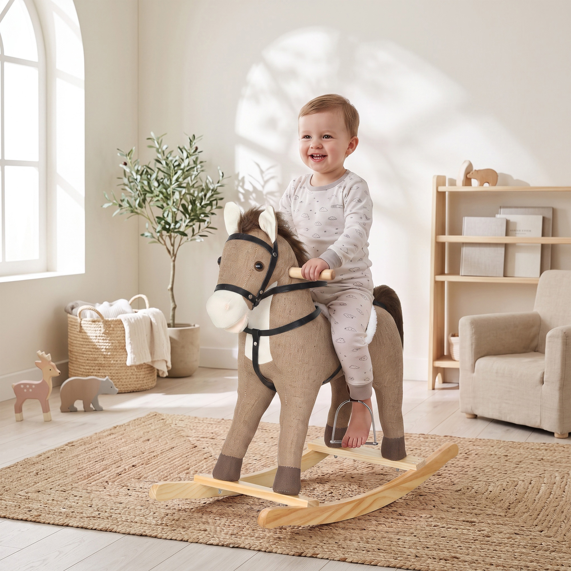 Schaukelpferd mit Sound und Sicherheitsgriffen, Reitpferd mit Holzgestell für Kleinkinder von 12–36 Monaten, Dunkelbraun