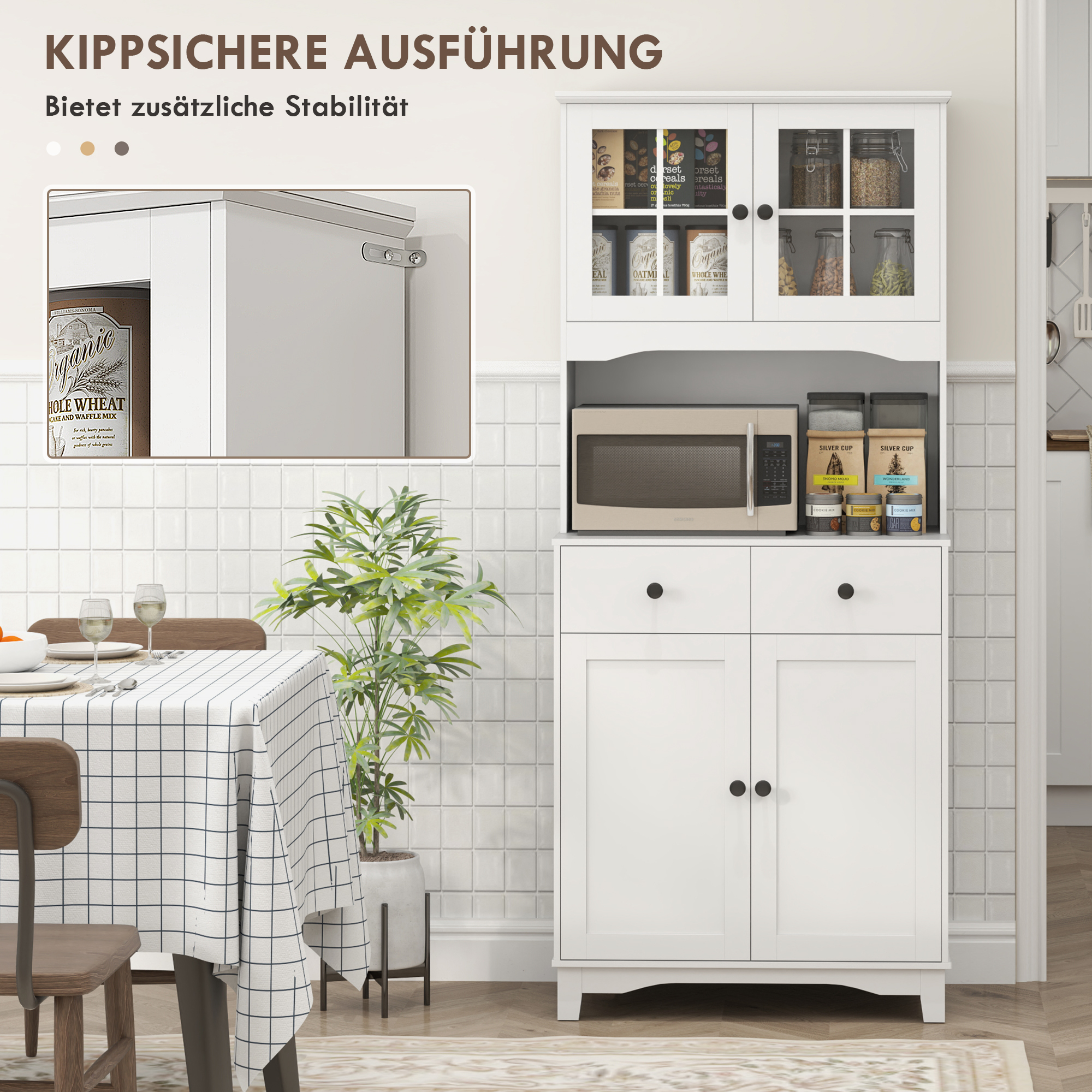 freistehender Küchenschrank mit Arbeitsplatte für Mikrowelle, Kaffeemaschine, Schränke, Glastüren, Weiß
