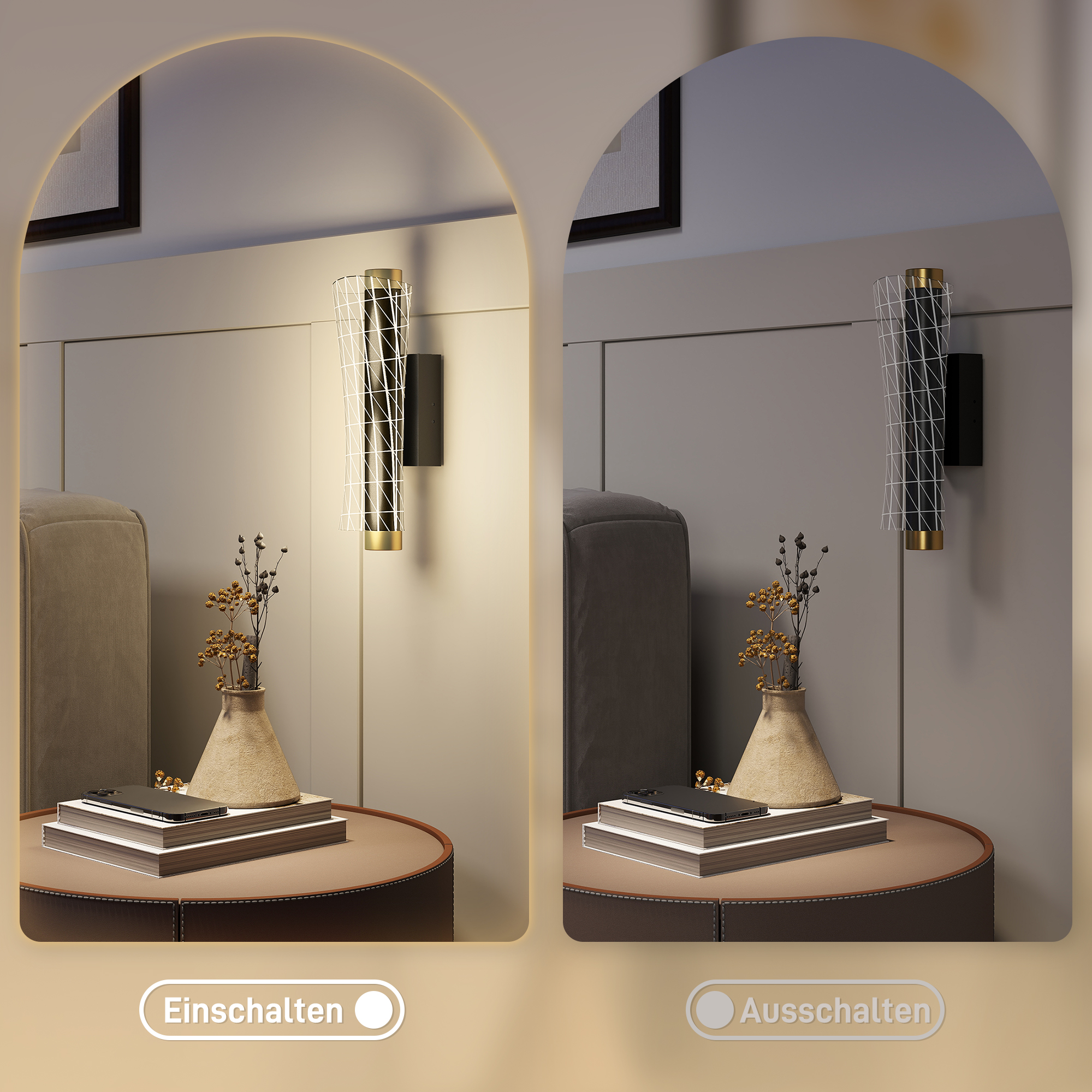 Wandleuchte Innen Wandlampe mit LED Lichte, Gitterdesign, Dimmbar Nachttischlampe Metall, Schwarz